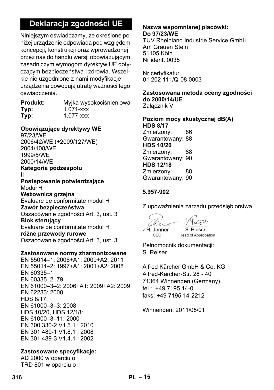 Deklaracja zgodności ue | Karcher HDS 10-20 -4M CLASSIC EU-I User Manual | Page 316 / 480