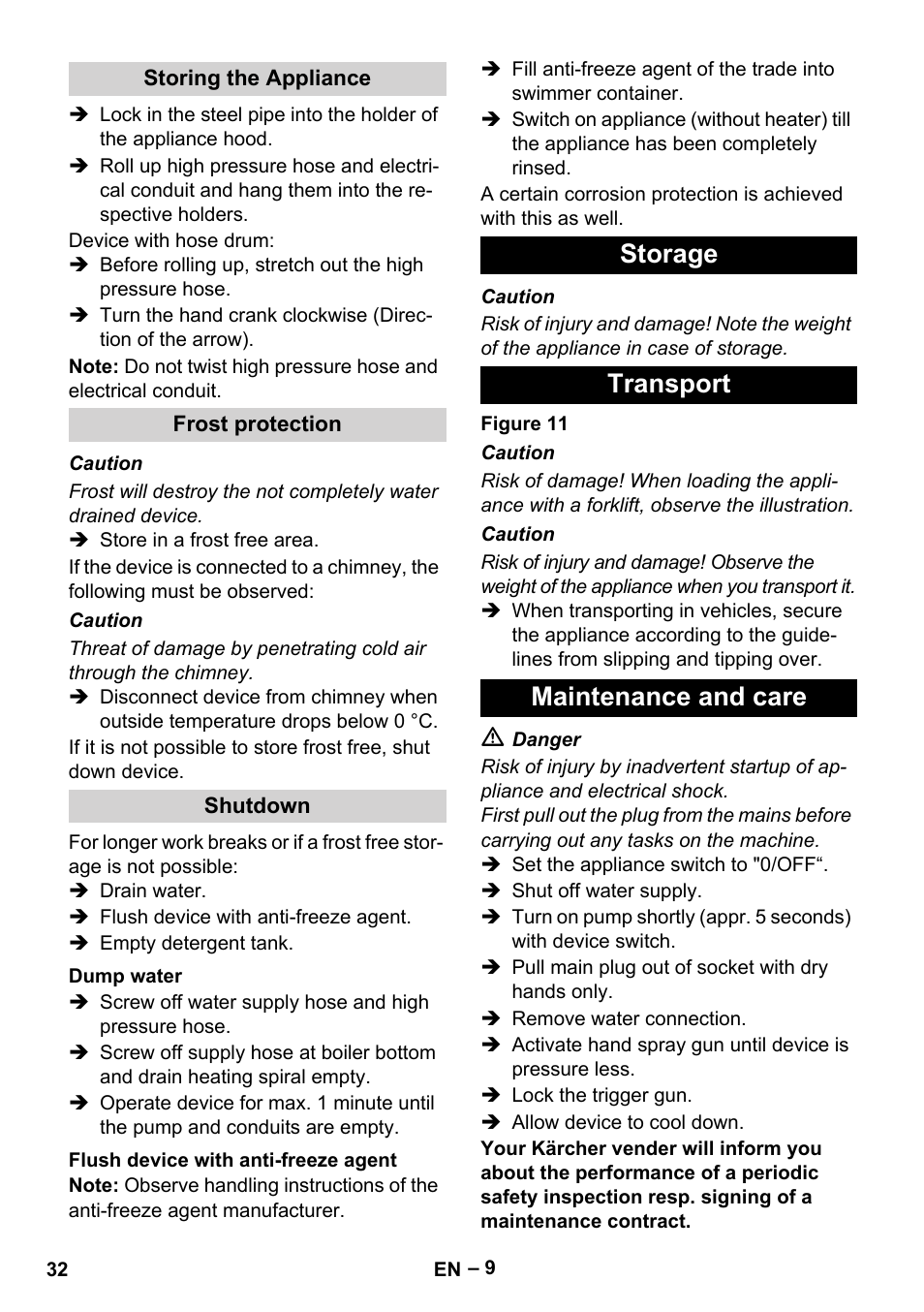 Storing the appliance, Frost protection, Shutdown | Dump water, Flush device with anti-freeze agent, Storage, Transport, Maintenance and care, Storage transport maintenance and care | Karcher HDS 10-20 -4M CLASSIC EU-I User Manual | Page 32 / 480