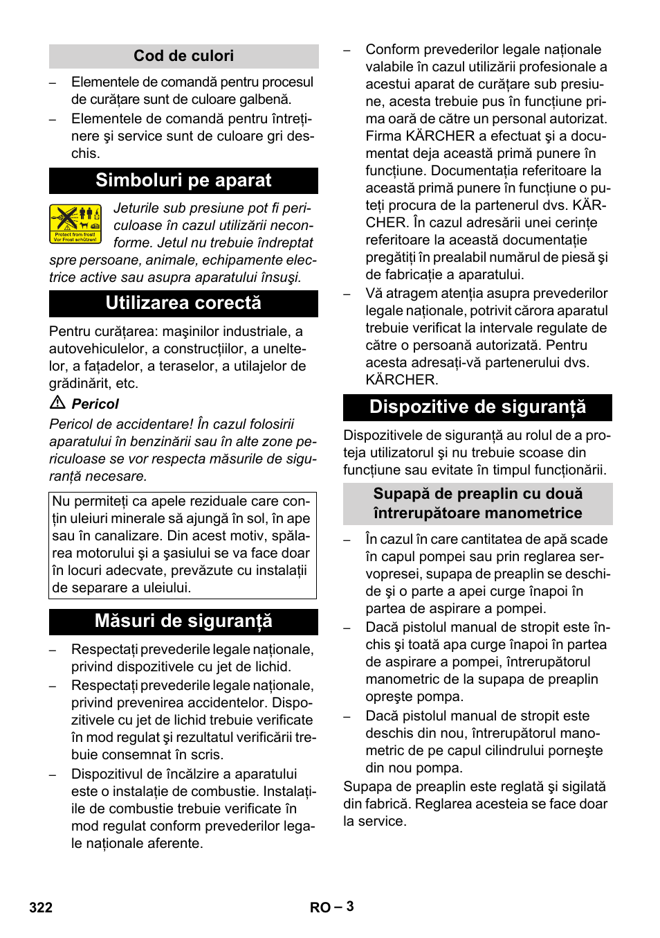 Cod de culori, Simboluri pe aparat, Utilizarea corectă | Măsuri de siguranţă, Dispozitive de siguranţă, Simboluri pe aparat utilizarea corectă, Măsuri de siguranţă dispozitive de siguranţă | Karcher HDS 10-20 -4M CLASSIC EU-I User Manual | Page 322 / 480