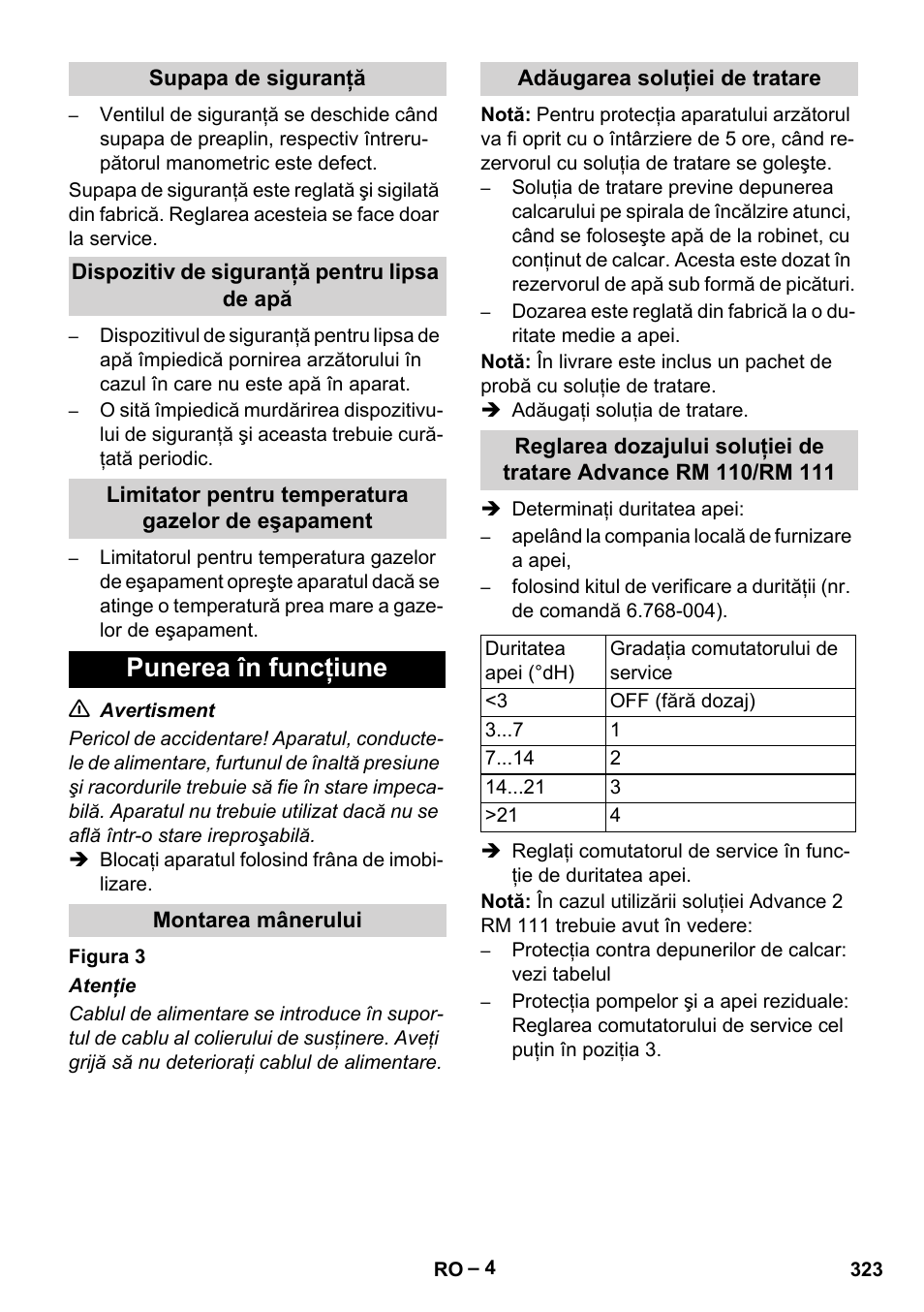 Supapa de siguranţă, Dispozitiv de siguranţă pentru lipsa de apă, Limitator pentru temperatura gazelor de eşapament | Punerea în funcţiune, Montarea mânerului, Adăugarea soluţiei de tratare | Karcher HDS 10-20 -4M CLASSIC EU-I User Manual | Page 323 / 480