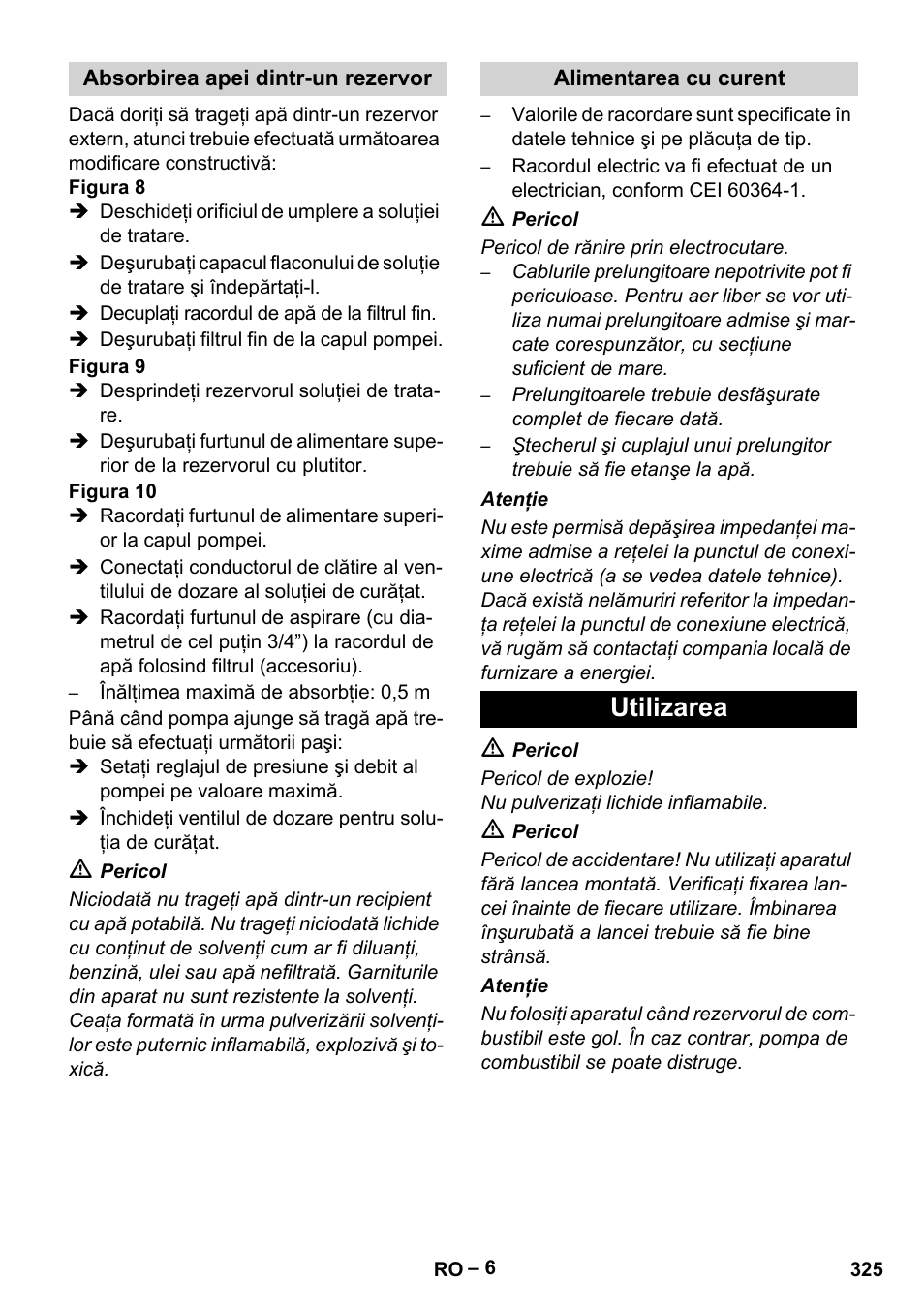 Absorbirea apei dintr-un rezervor, Alimentarea cu curent, Utilizarea | Karcher HDS 10-20 -4M CLASSIC EU-I User Manual | Page 325 / 480