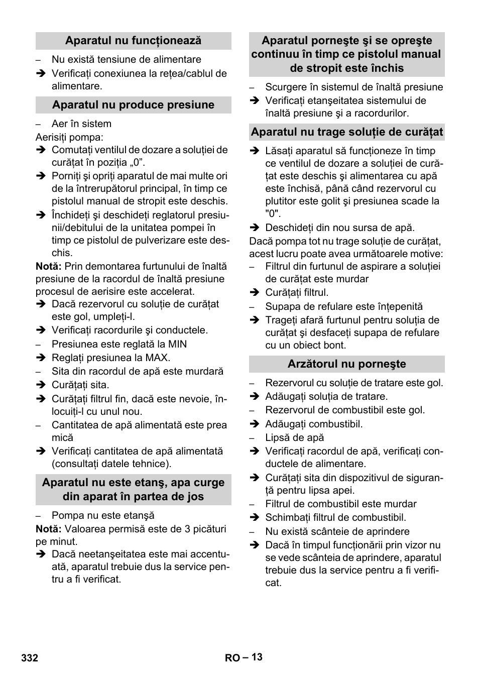 Aparatul nu funcţionează, Aparatul nu produce presiune, Aparatul nu trage soluţie de curăţat | Arzătorul nu porneşte | Karcher HDS 10-20 -4M CLASSIC EU-I User Manual | Page 332 / 480