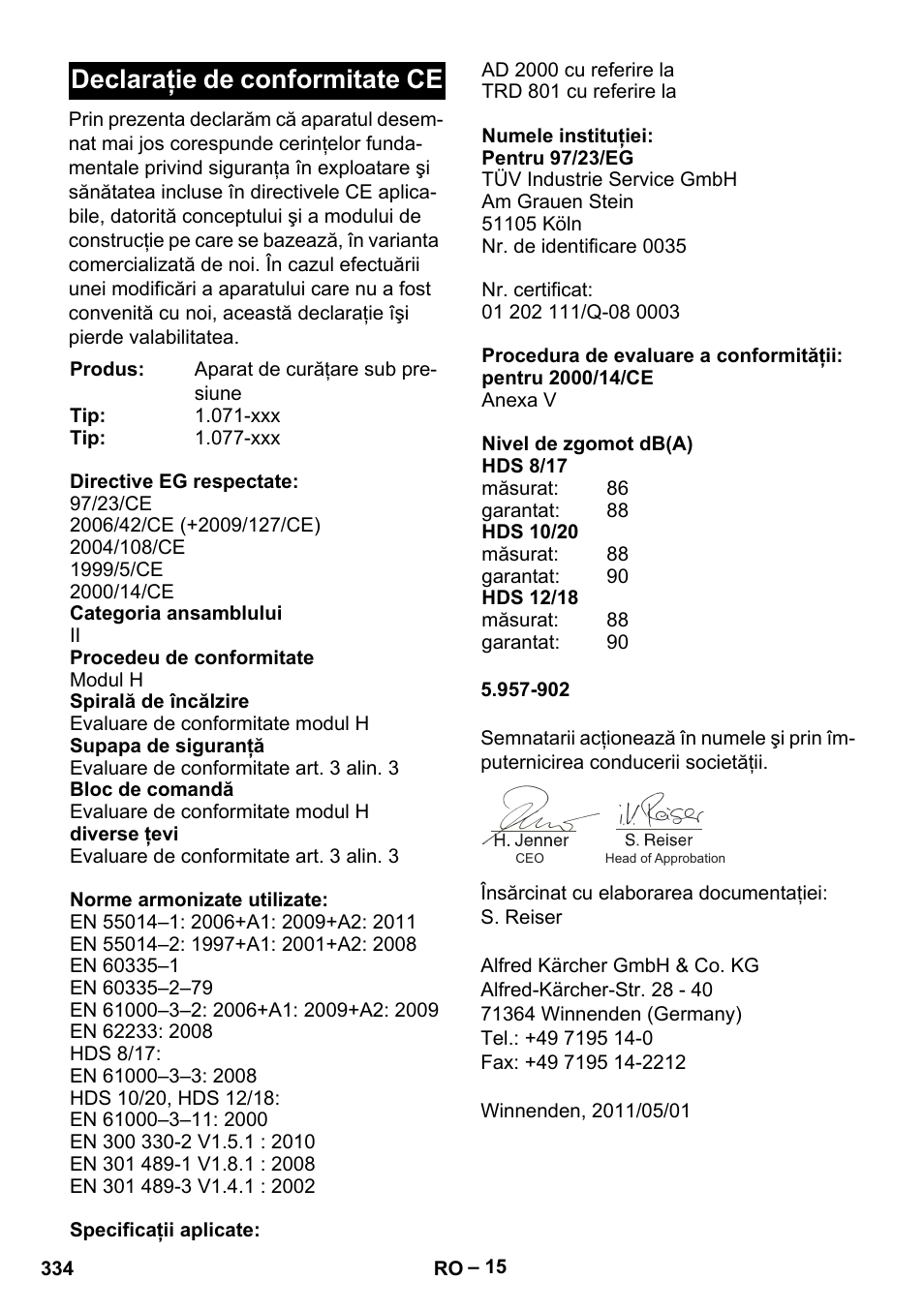 Declaraţie de conformitate ce | Karcher HDS 10-20 -4M CLASSIC EU-I User Manual | Page 334 / 480