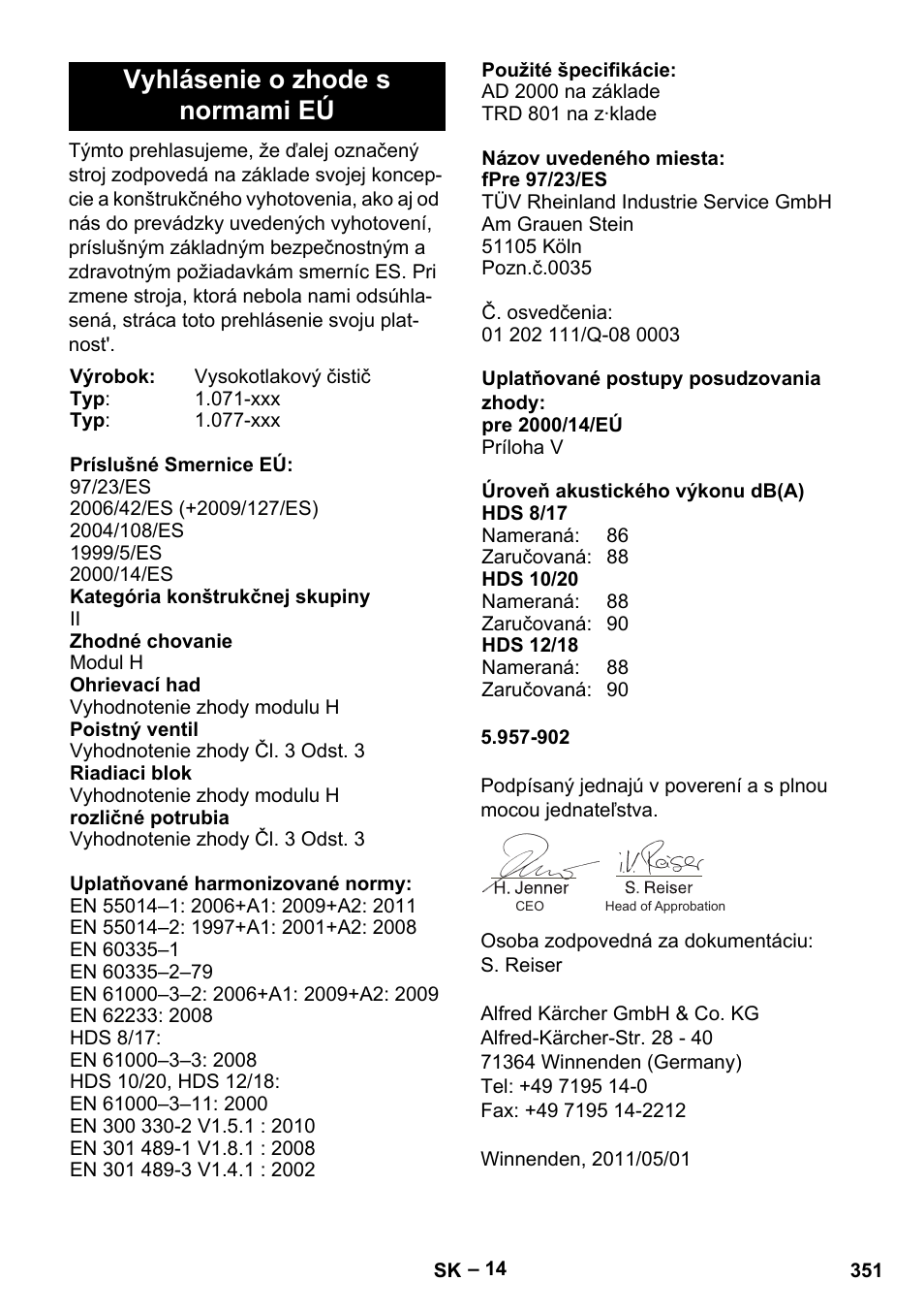 Vyhlásenie o zhode s normami eú | Karcher HDS 10-20 -4M CLASSIC EU-I User Manual | Page 351 / 480