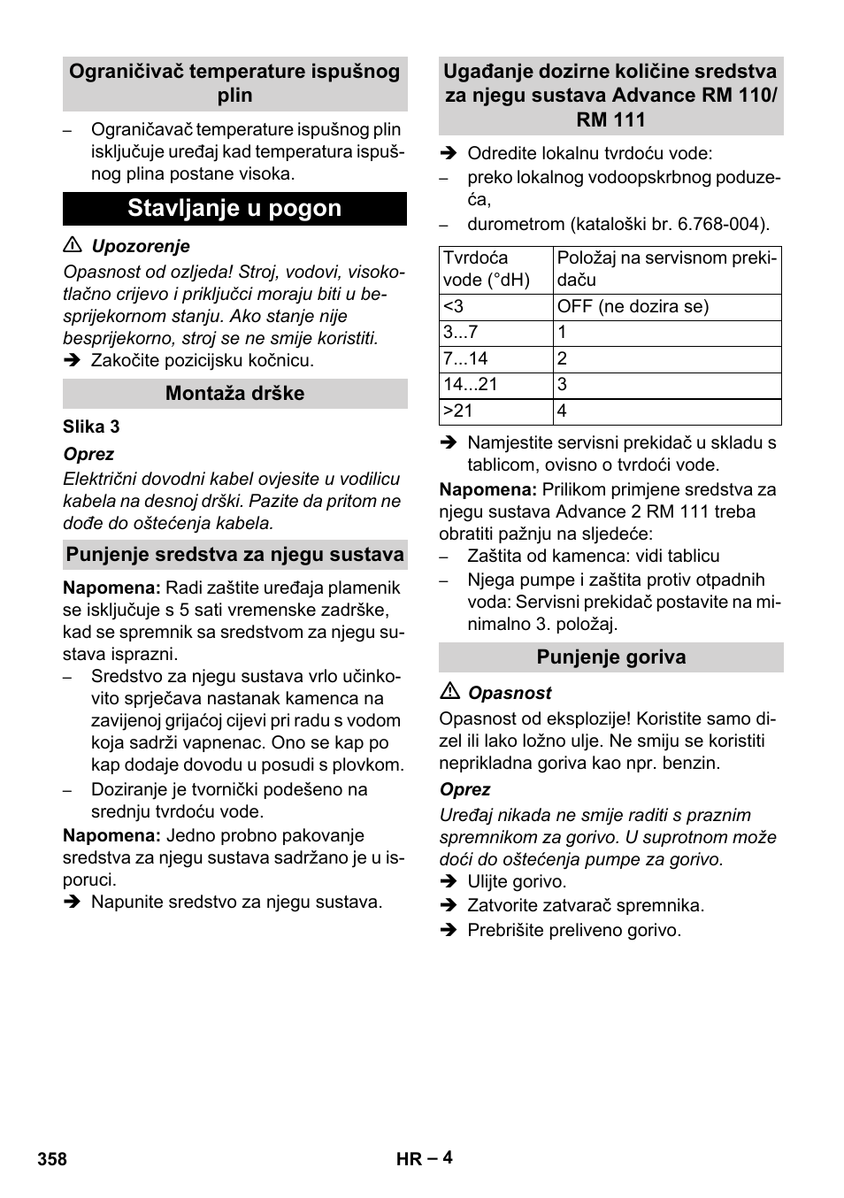 Ograničivač temperature ispušnog plin, Stavljanje u pogon, Montaža drške | Punjenje sredstva za njegu sustava, Punjenje goriva | Karcher HDS 10-20 -4M CLASSIC EU-I User Manual | Page 358 / 480