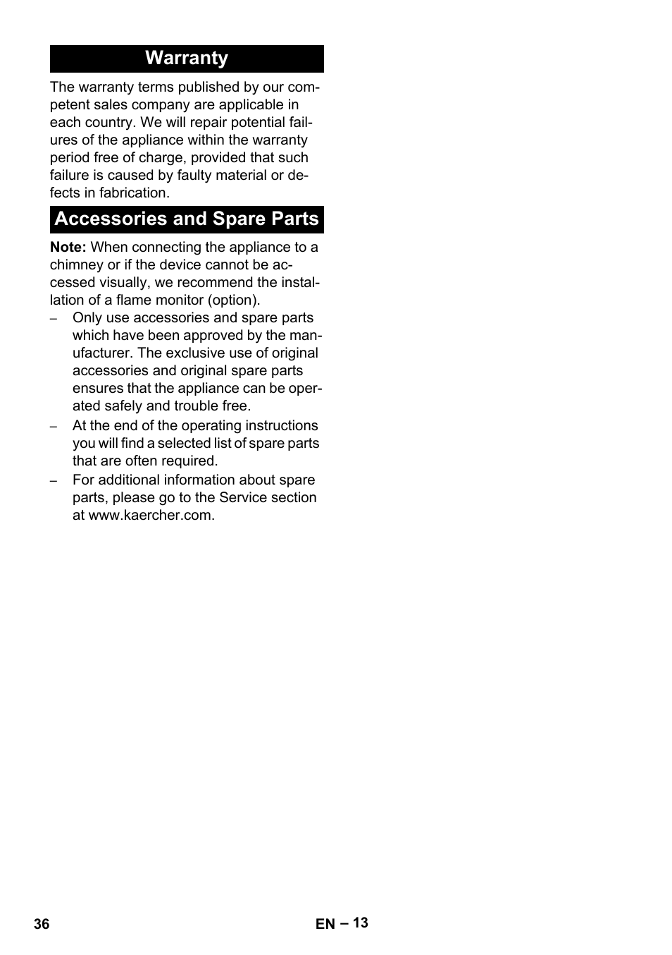 Warranty, Accessories and spare parts, Warranty accessories and spare parts | Karcher HDS 10-20 -4M CLASSIC EU-I User Manual | Page 36 / 480