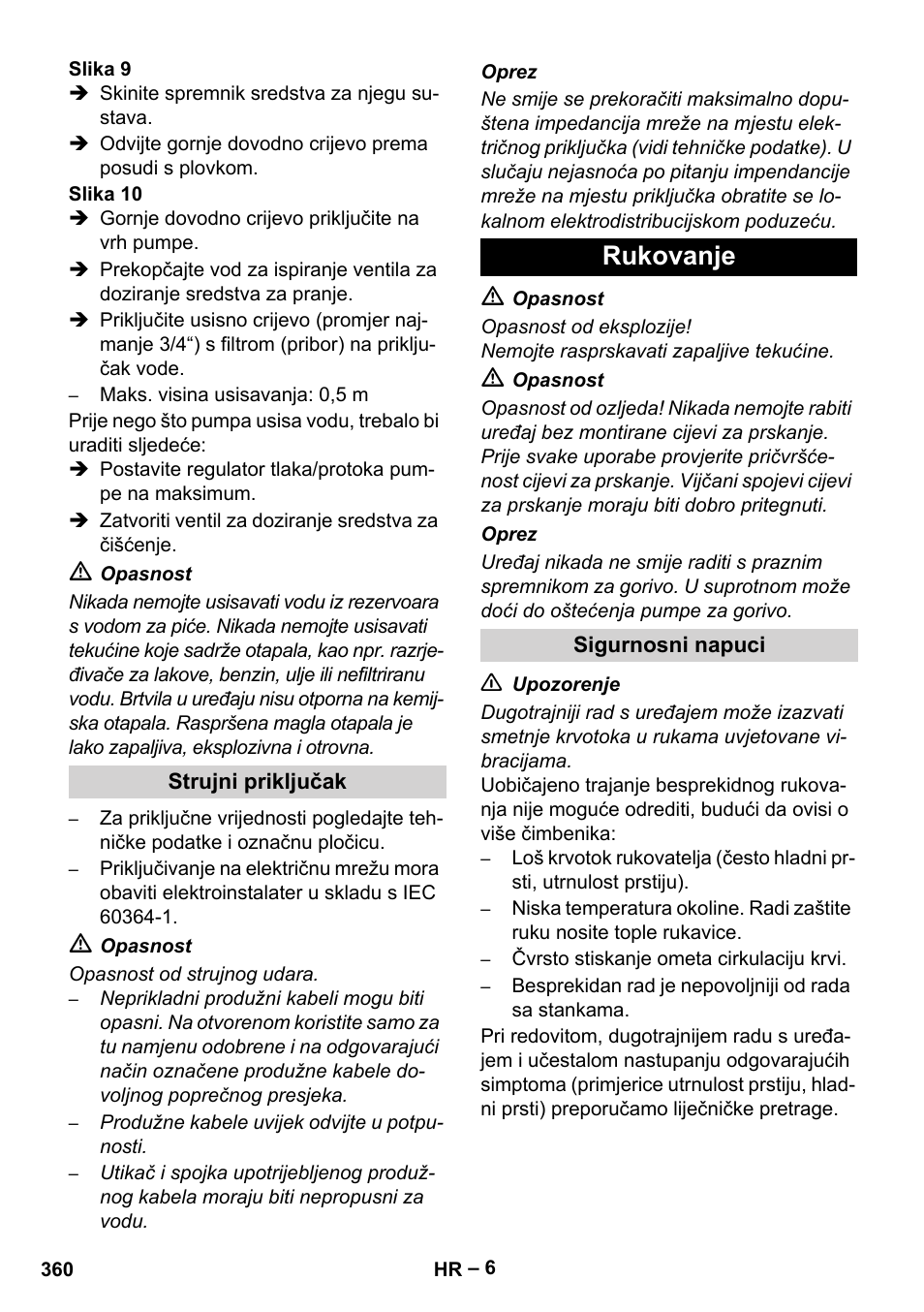 Strujni priključak, Rukovanje, Sigurnosni napuci | Karcher HDS 10-20 -4M CLASSIC EU-I User Manual | Page 360 / 480
