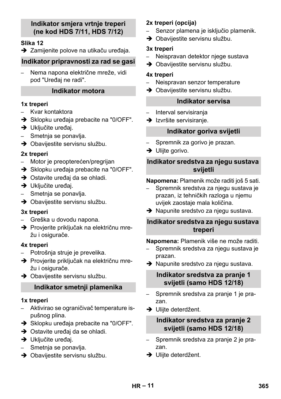 Indikator pripravnosti za rad se gasi, Indikator motora, 1x treperi | 2x treperi, 3x treperi, 4x treperi, Indikator smetnji plamenika, 2x treperi (opcija), Indikator servisa, Indikator goriva svijetli | Karcher HDS 10-20 -4M CLASSIC EU-I User Manual | Page 365 / 480