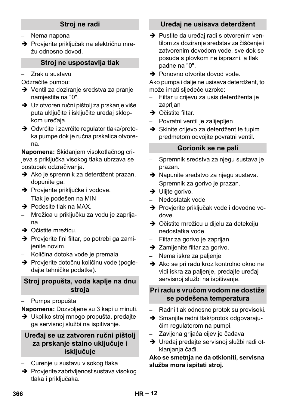 Stroj ne radi, Stroj ne uspostavlja tlak, Stroj propušta, voda kaplje na dnu stroja | Uređaj ne usisava deterdžent, Gorionik se ne pali | Karcher HDS 10-20 -4M CLASSIC EU-I User Manual | Page 366 / 480