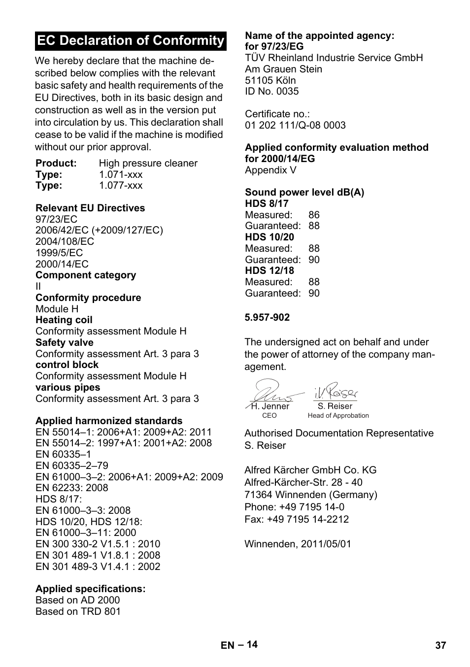 Ec declaration of conformity | Karcher HDS 10-20 -4M CLASSIC EU-I User Manual | Page 37 / 480