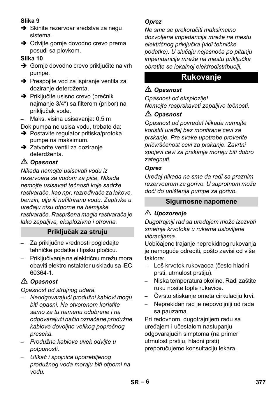 Priključak za struju, Rukovanje, Sigurnosne napomene | Karcher HDS 10-20 -4M CLASSIC EU-I User Manual | Page 377 / 480