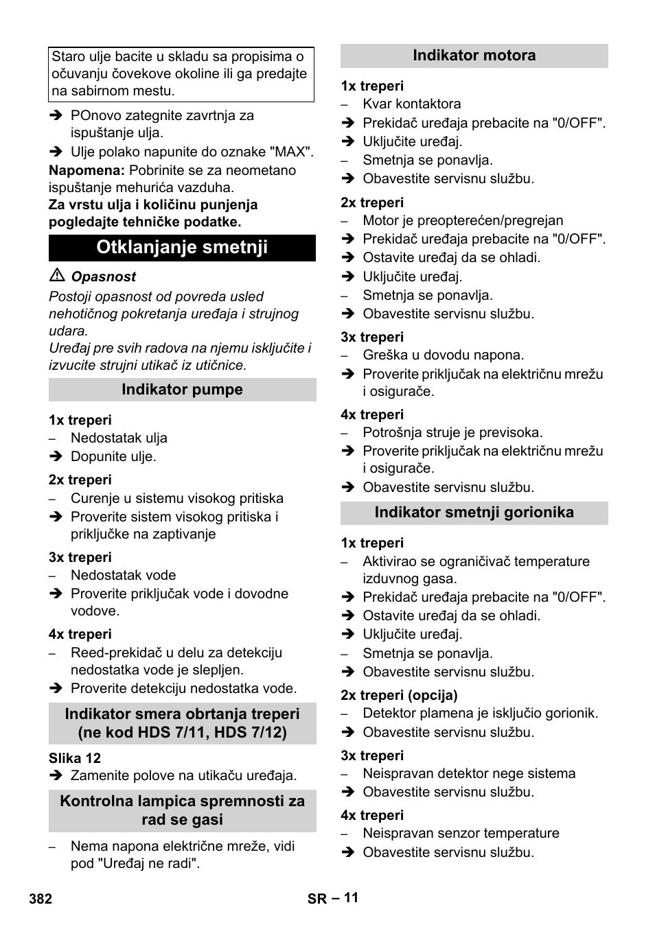Otklanjanje smetnji, Indikator pumpe, 1x treperi | 2x treperi, 3x treperi, 4x treperi, Kontrolna lampica spremnosti za rad se gasi, Indikator motora, Indikator smetnji gorionika, 2x treperi (opcija) | Karcher HDS 10-20 -4M CLASSIC EU-I User Manual | Page 382 / 480