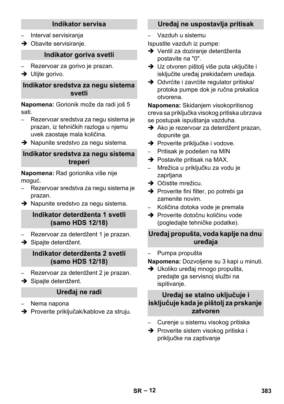 Indikator servisa, Indikator goriva svetli, Indikator sredstva za negu sistema svetli | Indikator sredstva za negu sistema treperi, Indikator deterdženta 1 svetli (samo hds 12/18), Indikator deterdženta 2 svetli (samo hds 12/18), Uređaj ne radi, Uređaj ne uspostavlja pritisak, Uređaj propušta, voda kaplje na dnu uređaja | Karcher HDS 10-20 -4M CLASSIC EU-I User Manual | Page 383 / 480