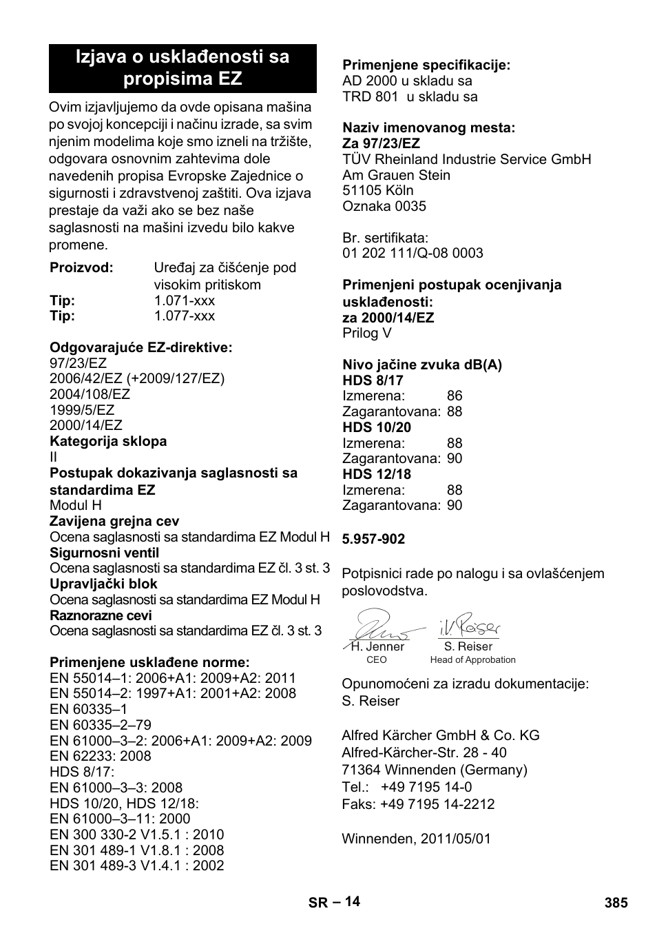 Izjava o usklađenosti sa propisima ez | Karcher HDS 10-20 -4M CLASSIC EU-I User Manual | Page 385 / 480