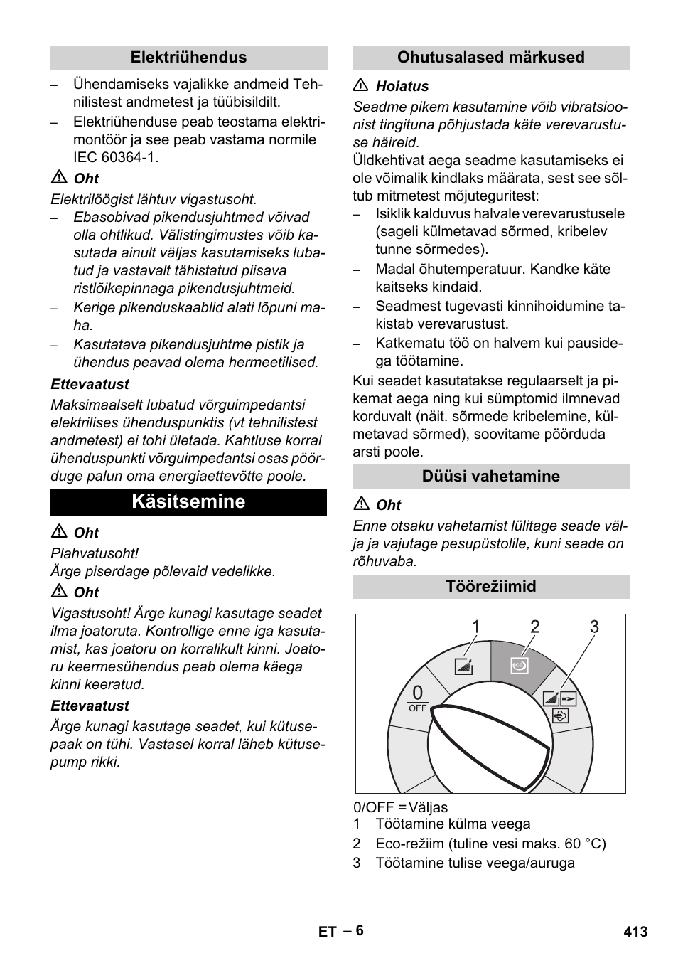 Elektriühendus, Käsitsemine, Ohutusalased märkused | Düüsi vahetamine, Töörežiimid | Karcher HDS 10-20 -4M CLASSIC EU-I User Manual | Page 413 / 480