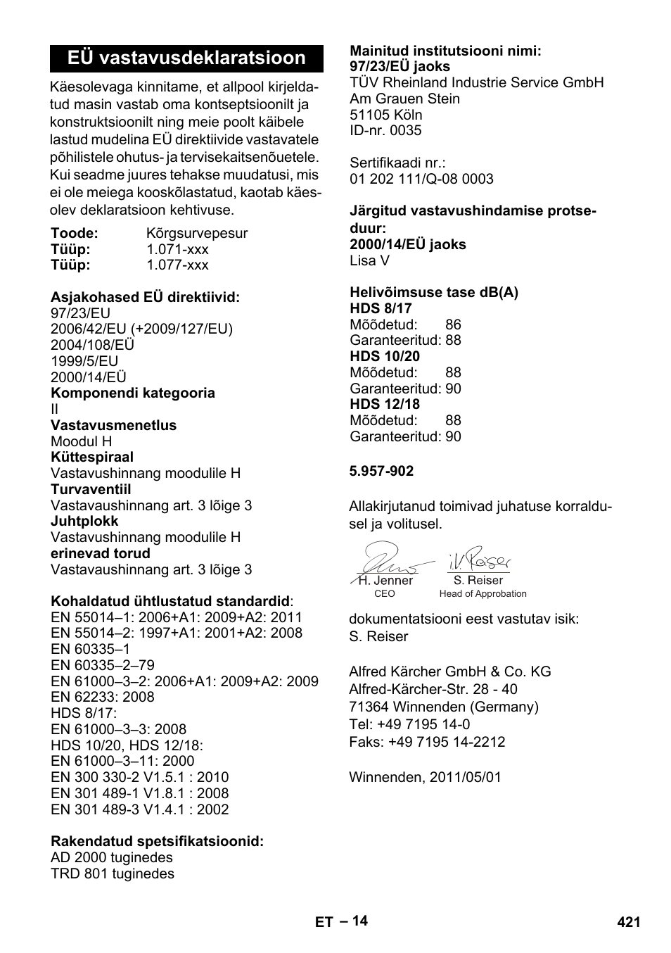 Eü vastavusdeklaratsioon | Karcher HDS 10-20 -4M CLASSIC EU-I User Manual | Page 421 / 480