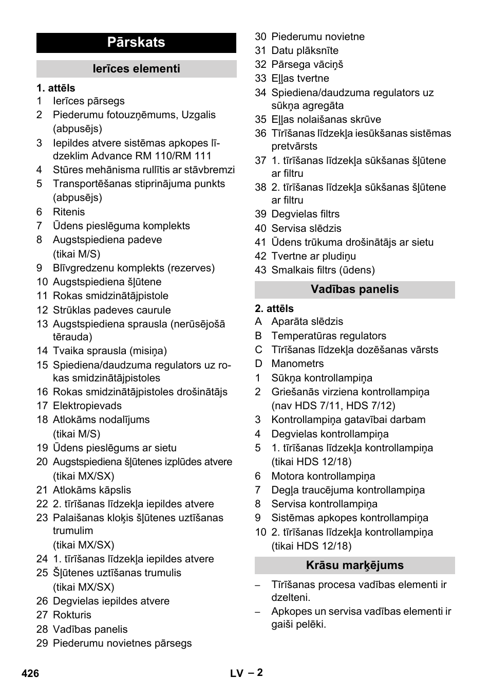 Pārskats, Ierīces elementi, Vadības panelis | Krāsu marķējums | Karcher HDS 10-20 -4M CLASSIC EU-I User Manual | Page 426 / 480