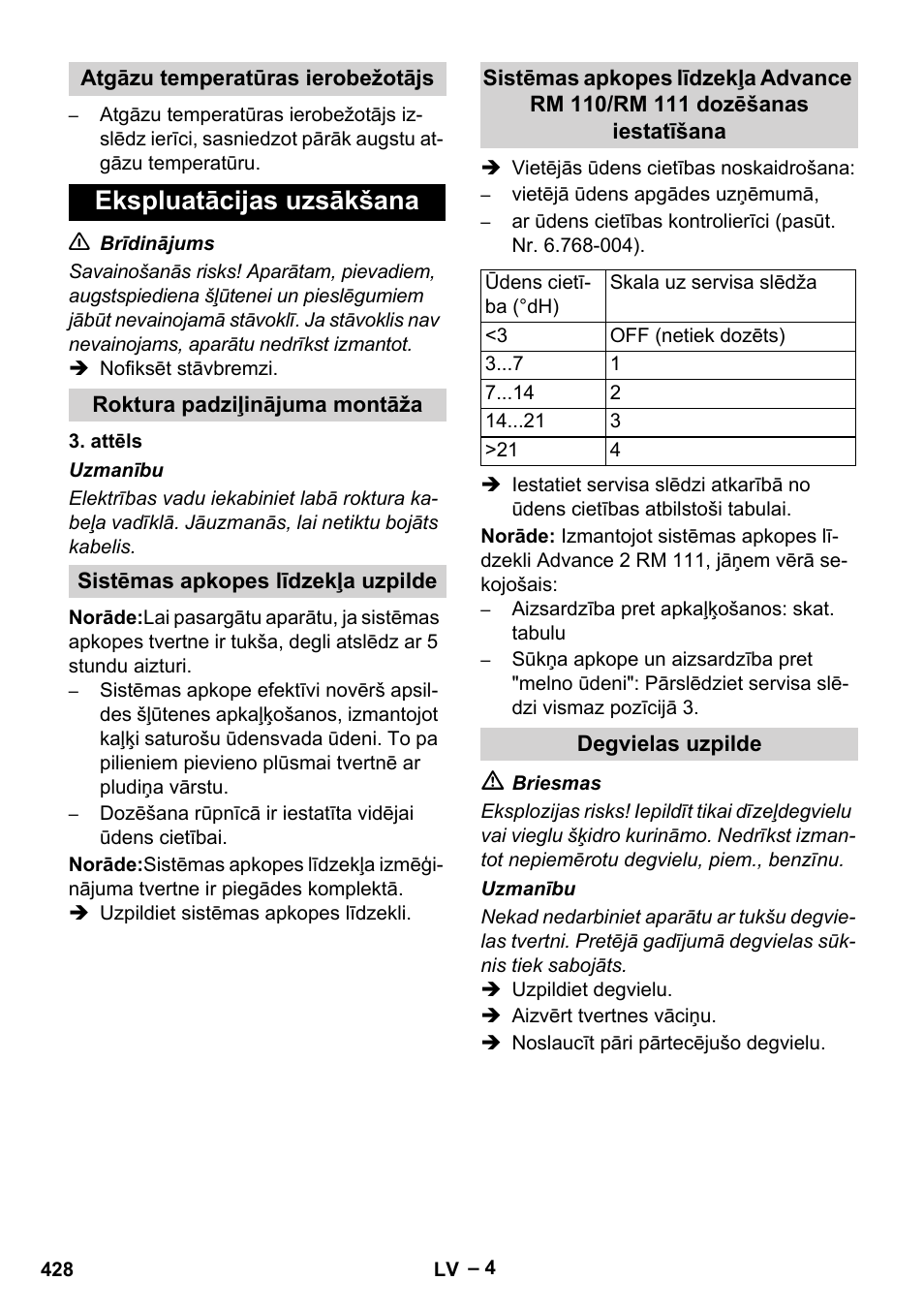 Atgāzu temperatūras ierobežotājs, Ekspluatācijas uzsākšana, Roktura padziļinājuma montāža | Sistēmas apkopes līdzekļa uzpilde, Degvielas uzpilde | Karcher HDS 10-20 -4M CLASSIC EU-I User Manual | Page 428 / 480