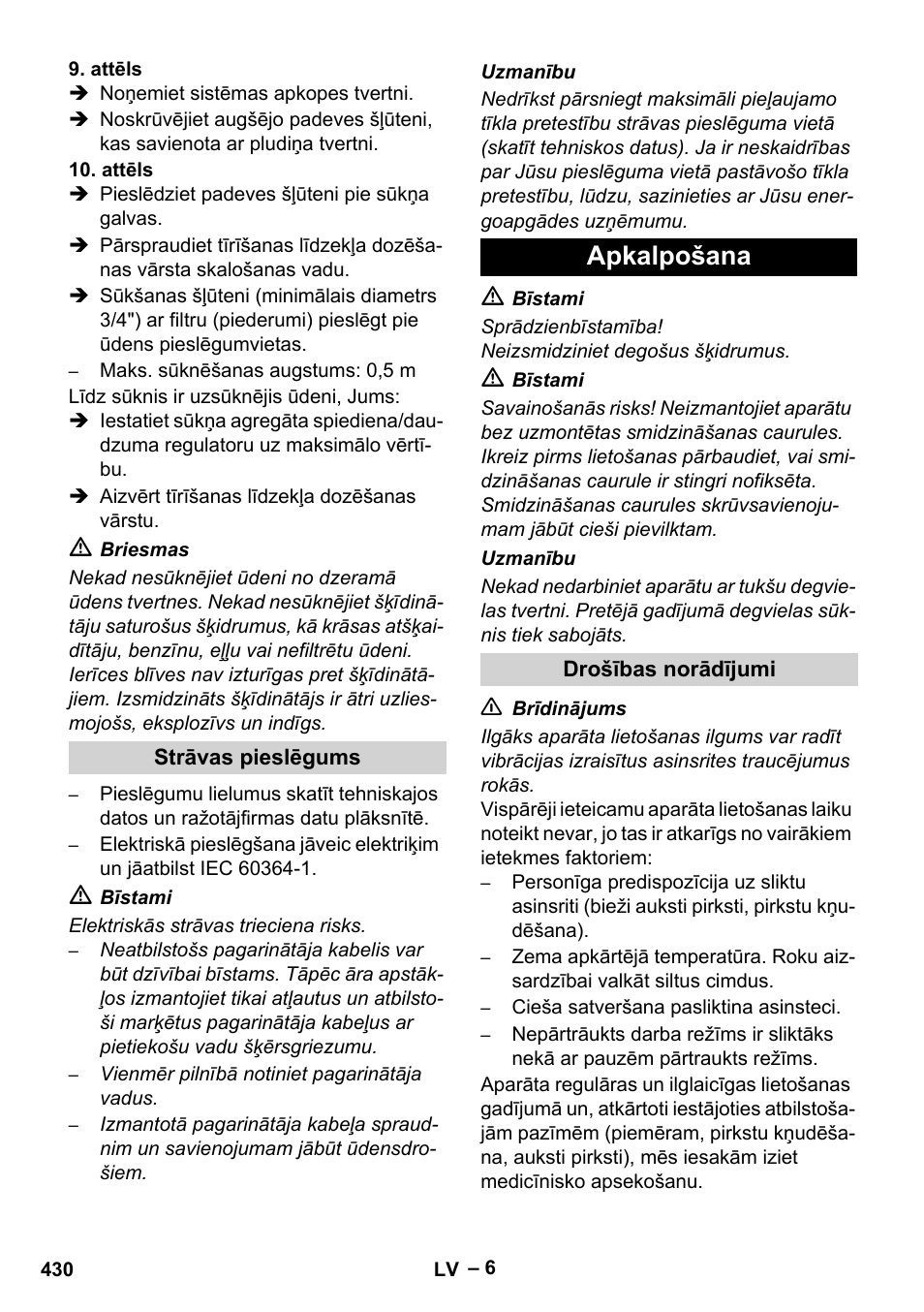 Strāvas pieslēgums, Apkalpošana, Drošības norādījumi | Karcher HDS 10-20 -4M CLASSIC EU-I User Manual | Page 430 / 480