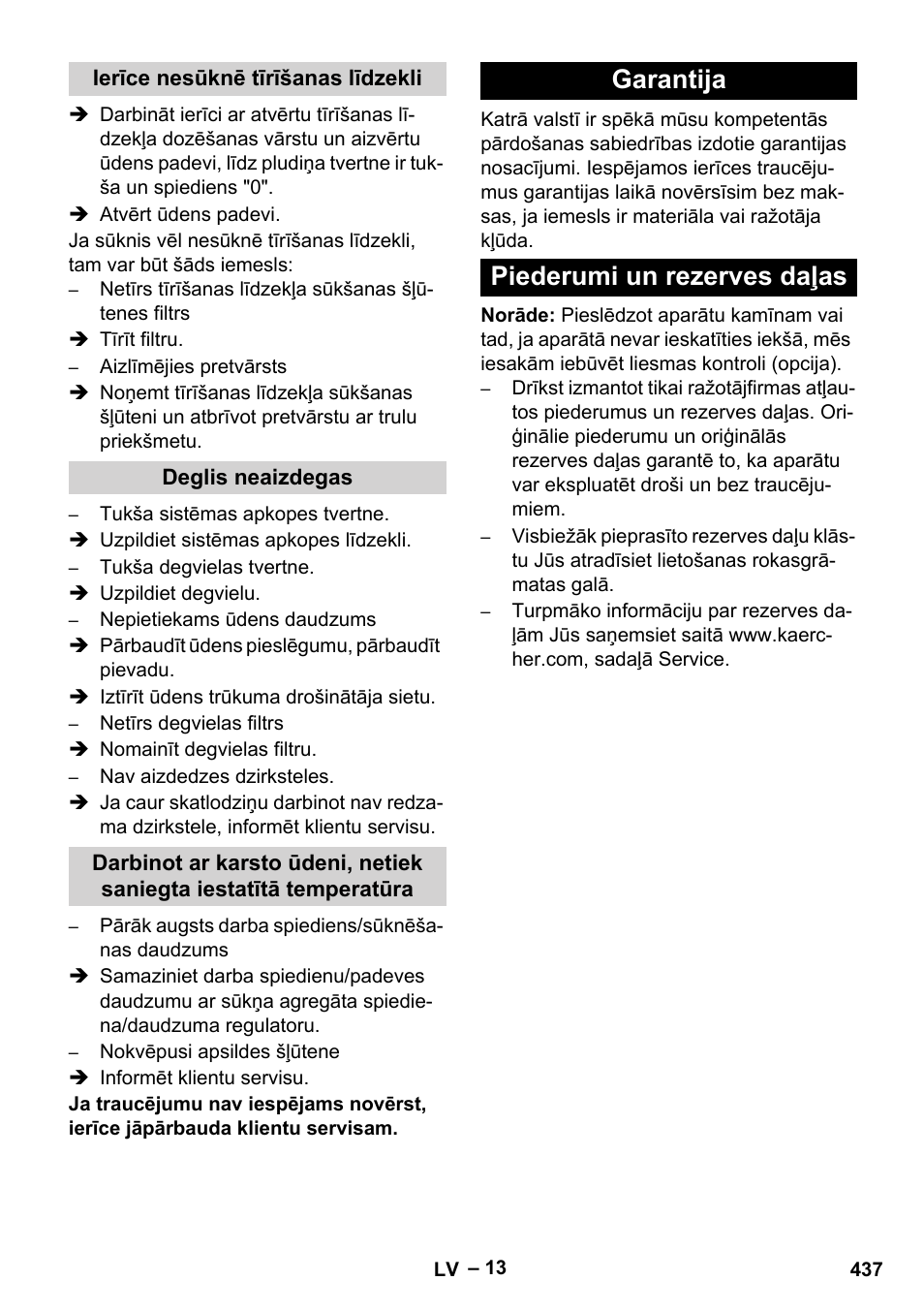 Ierīce nesūknē tīrīšanas līdzekli, Deglis neaizdegas, Garantija | Piederumi un rezerves daļas, Garantija piederumi un rezerves daļas | Karcher HDS 10-20 -4M CLASSIC EU-I User Manual | Page 437 / 480