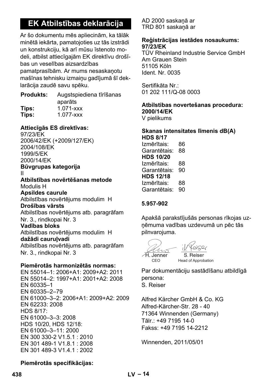 Ek atbilstības deklarācija | Karcher HDS 10-20 -4M CLASSIC EU-I User Manual | Page 438 / 480