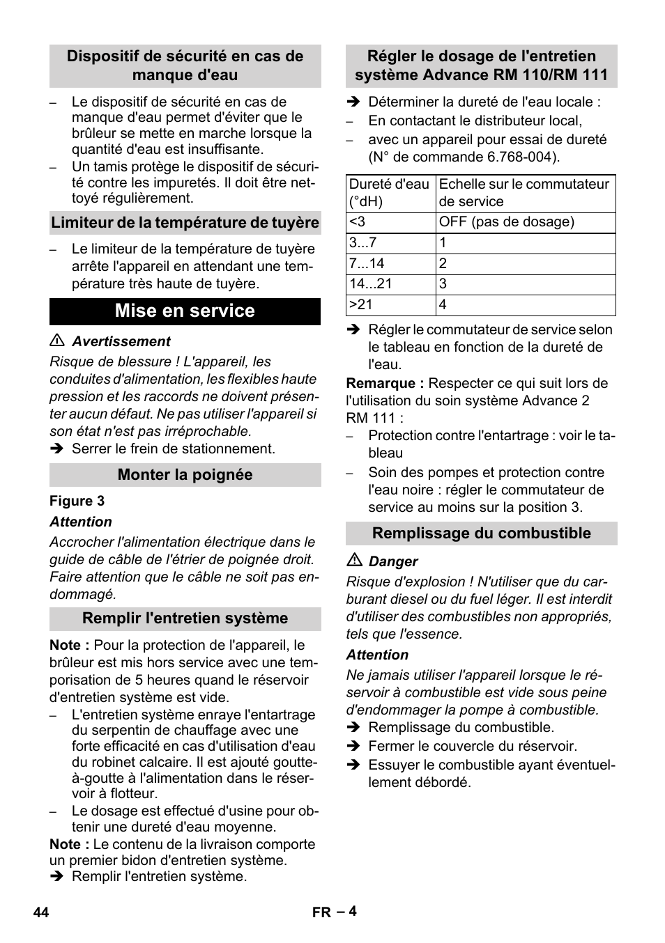 Dispositif de sécurité en cas de manque d'eau, Limiteur de la température de tuyère, Mise en service | Monter la poignée, Remplir l'entretien système, Remplissage du combustible | Karcher HDS 10-20 -4M CLASSIC EU-I User Manual | Page 44 / 480