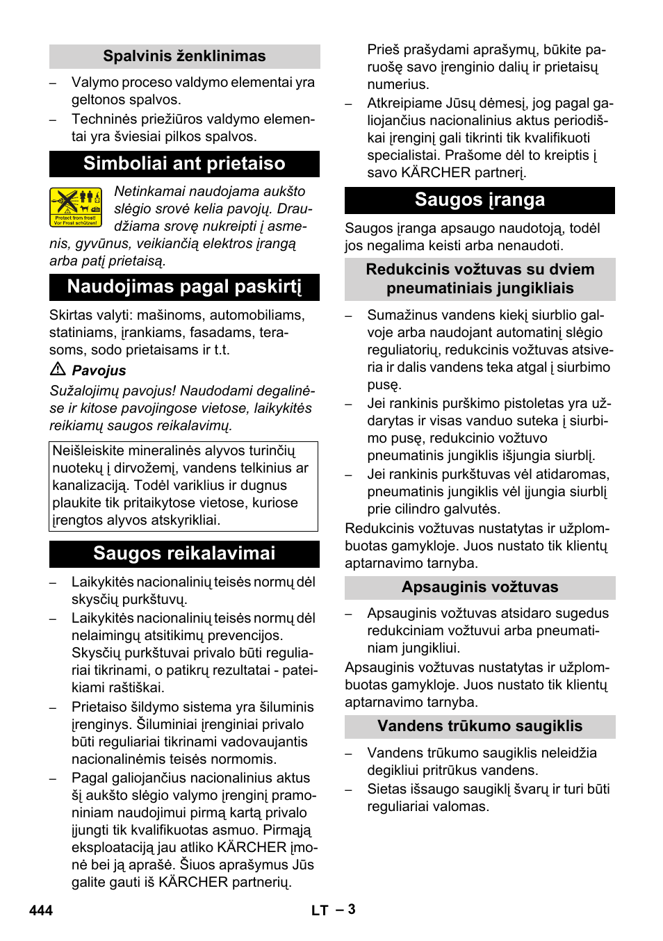 Spalvinis ženklinimas, Simboliai ant prietaiso, Naudojimas pagal paskirtį | Saugos reikalavimai, Saugos įranga, Apsauginis vožtuvas, Vandens trūkumo saugiklis, Simboliai ant prietaiso naudojimas pagal paskirtį, Saugos reikalavimai saugos įranga | Karcher HDS 10-20 -4M CLASSIC EU-I User Manual | Page 444 / 480