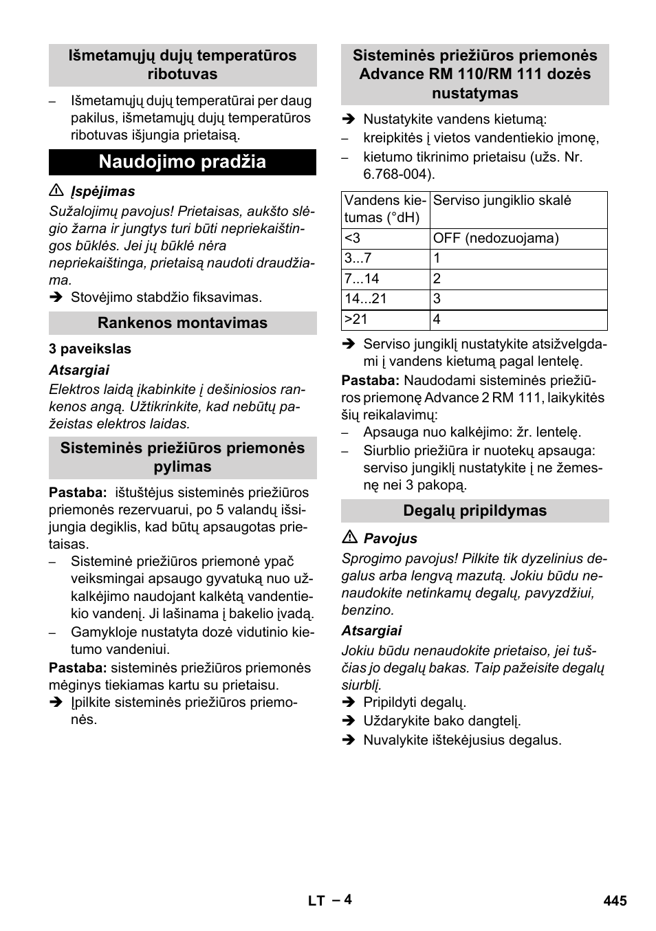 Išmetamųjų dujų temperatūros ribotuvas, Naudojimo pradžia, Rankenos montavimas | Sisteminės priežiūros priemonės pylimas, Degalų pripildymas | Karcher HDS 10-20 -4M CLASSIC EU-I User Manual | Page 445 / 480