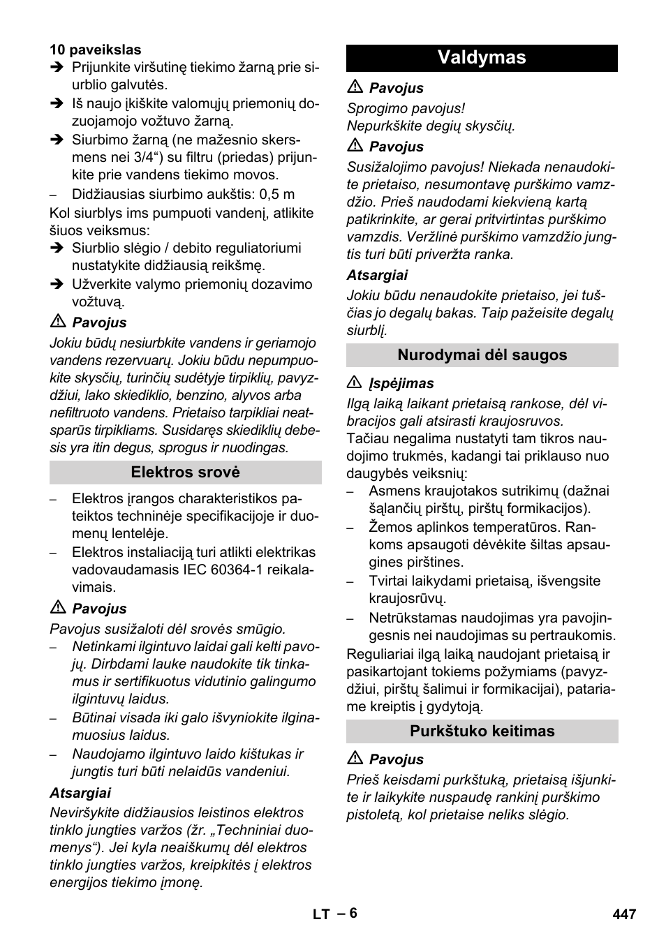 Elektros srovė, Valdymas, Nurodymai dėl saugos | Purkštuko keitimas | Karcher HDS 10-20 -4M CLASSIC EU-I User Manual | Page 447 / 480