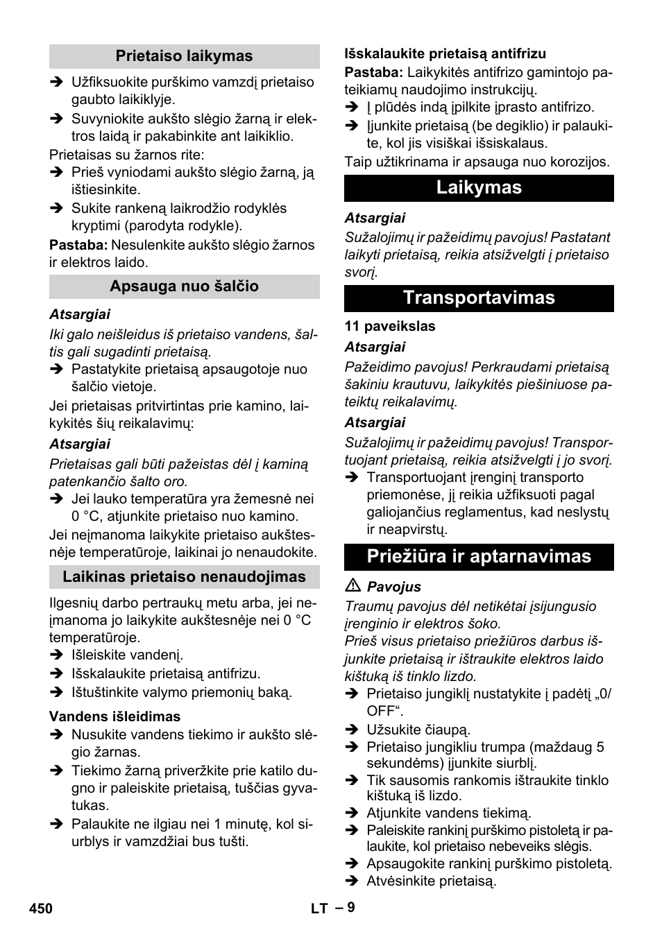 Prietaiso laikymas, Apsauga nuo šalčio, Laikinas prietaiso nenaudojimas | Vandens išleidimas, Išskalaukite prietaisą antifrizu, Laikymas, Transportavimas, Priežiūra ir aptarnavimas, Laikymas transportavimas priežiūra ir aptarnavimas | Karcher HDS 10-20 -4M CLASSIC EU-I User Manual | Page 450 / 480