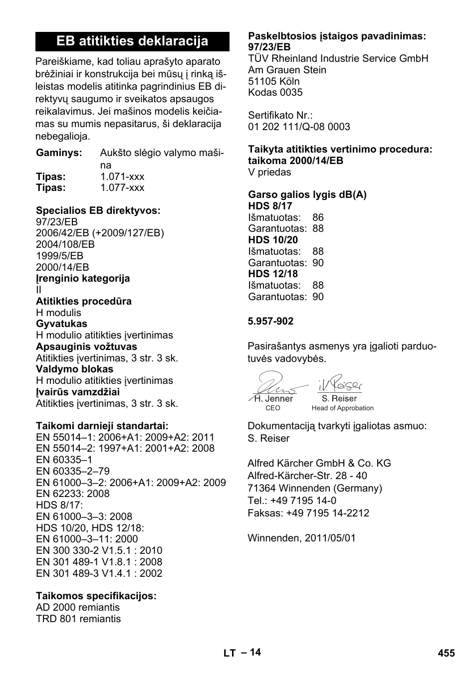 Eb atitikties deklaracija | Karcher HDS 10-20 -4M CLASSIC EU-I User Manual | Page 455 / 480