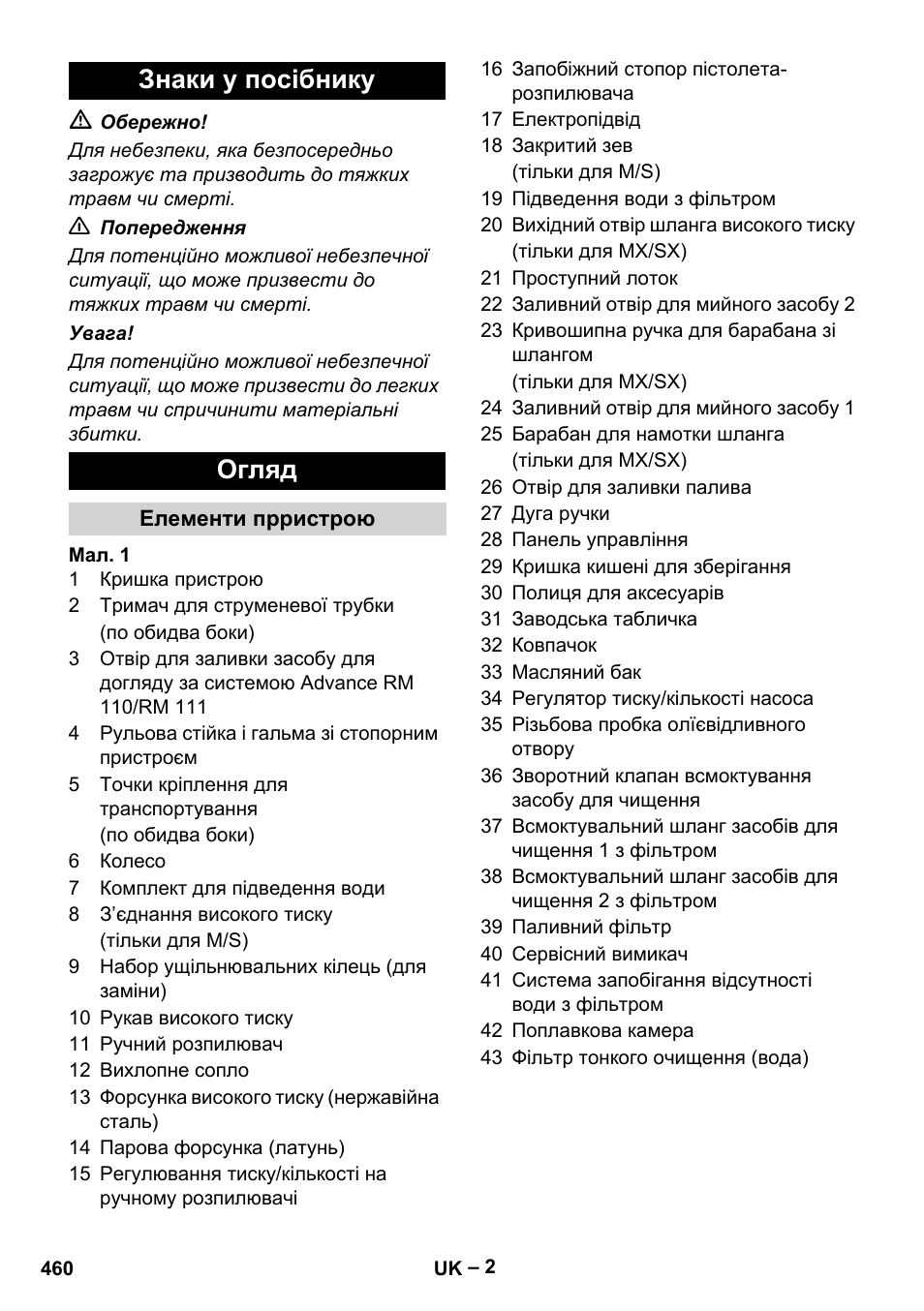 Знаки у посібнику, Огляд, Елементи прристрою | Знаки у посібнику огляд | Karcher HDS 10-20 -4M CLASSIC EU-I User Manual | Page 460 / 480