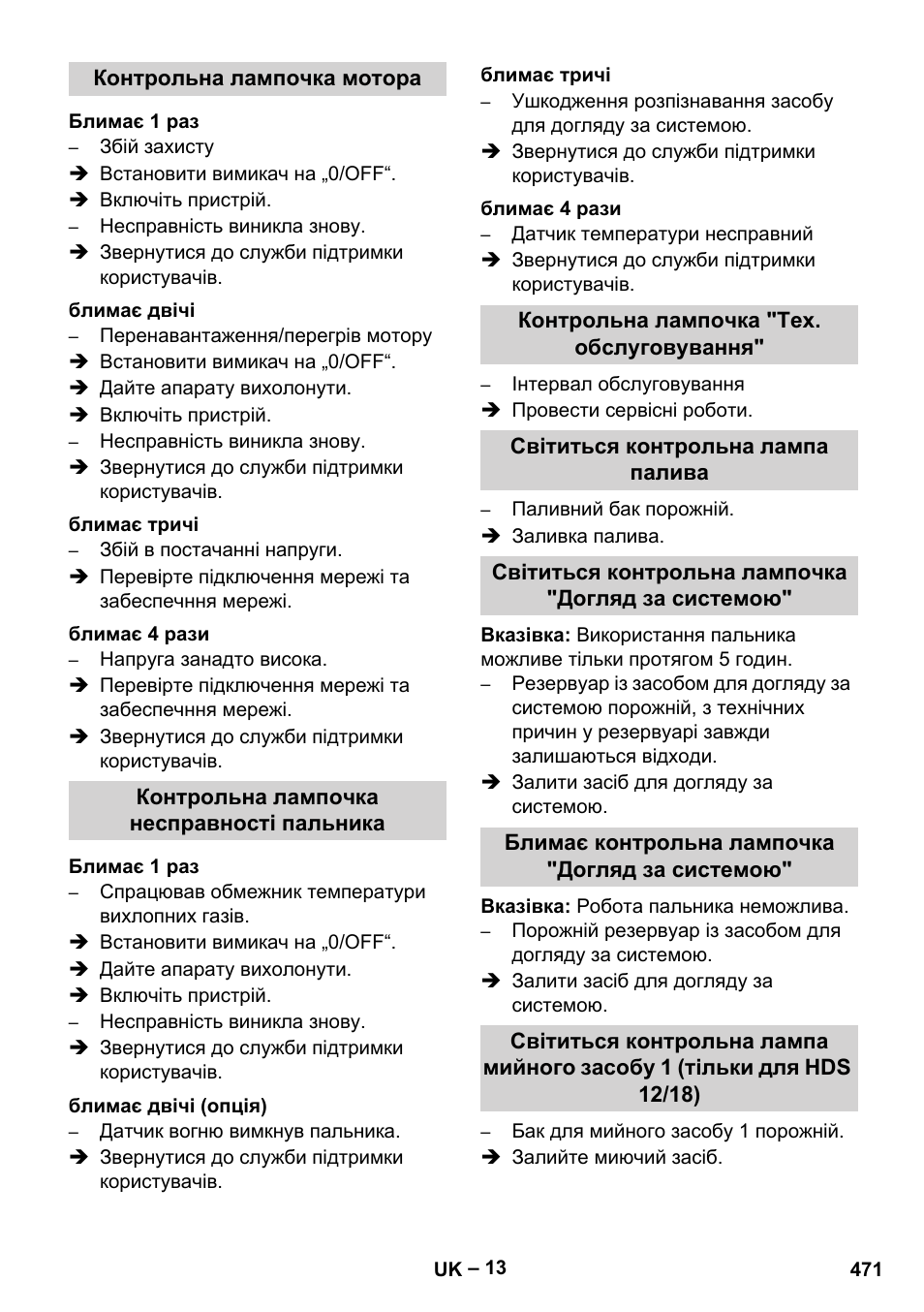 Контрольна лампочка мотора, Блимає 1 раз, Блимає двічі | Блимає тричі, Блимає 4 рази, Контрольна лампочка несправності пальника, Блимає двічі (опція), Контрольна лампочка "тех. обслуговування, Світиться контрольна лампа палива, Світиться контрольна лампочка "догляд за системою | Karcher HDS 10-20 -4M CLASSIC EU-I User Manual | Page 471 / 480