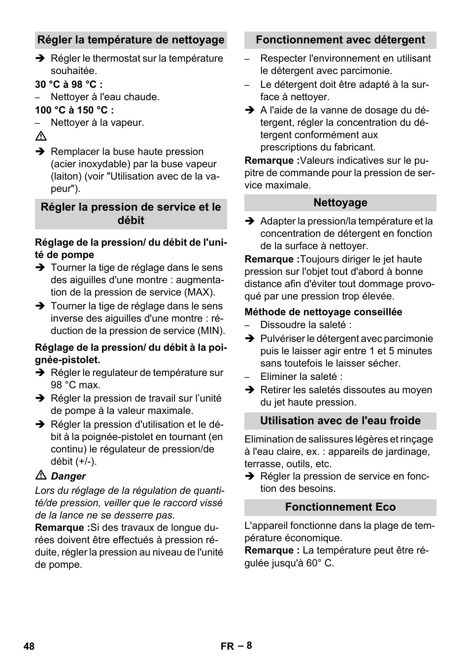 Régler la température de nettoyage, Régler la pression de service et le débit, Fonctionnement avec détergent | Nettoyage, Méthode de nettoyage conseillée, Utilisation avec de l'eau froide, Fonctionnement eco | Karcher HDS 10-20 -4M CLASSIC EU-I User Manual | Page 48 / 480