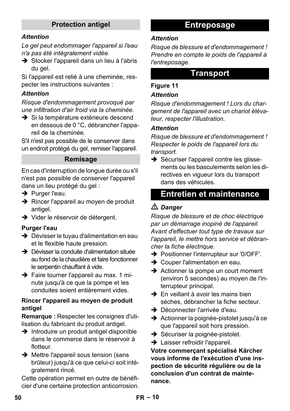 Protection antigel, Remisage, Purger l'eau | Rincer l'appareil au moyen de produit antigel, Entreposage, Transport, Entretien et maintenance, Entreposage transport entretien et maintenance | Karcher HDS 10-20 -4M CLASSIC EU-I User Manual | Page 50 / 480