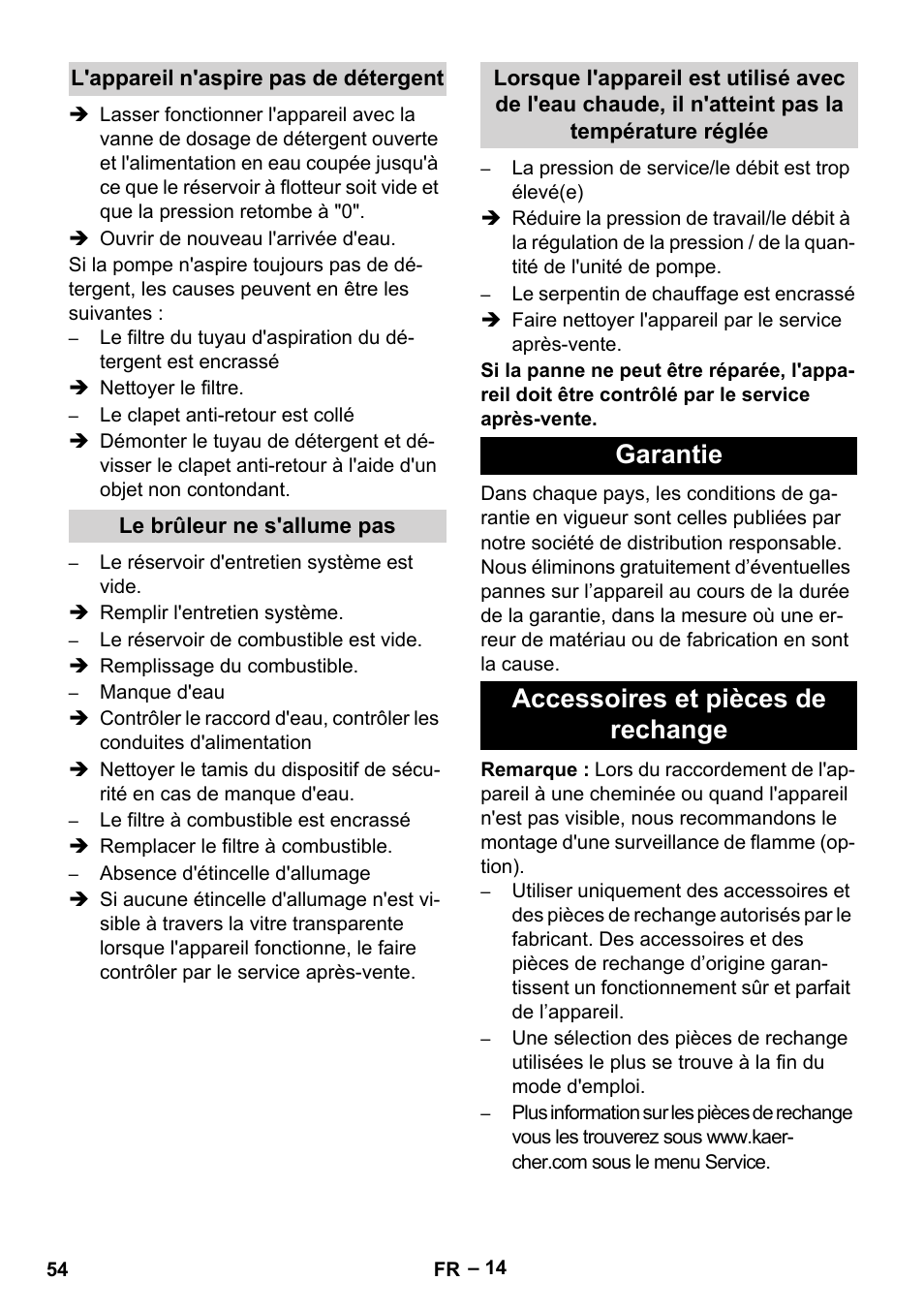 L'appareil n'aspire pas de détergent, Le brûleur ne s'allume pas, Garantie | Accessoires et pièces de rechange, Garantie accessoires et pièces de rechange | Karcher HDS 10-20 -4M CLASSIC EU-I User Manual | Page 54 / 480