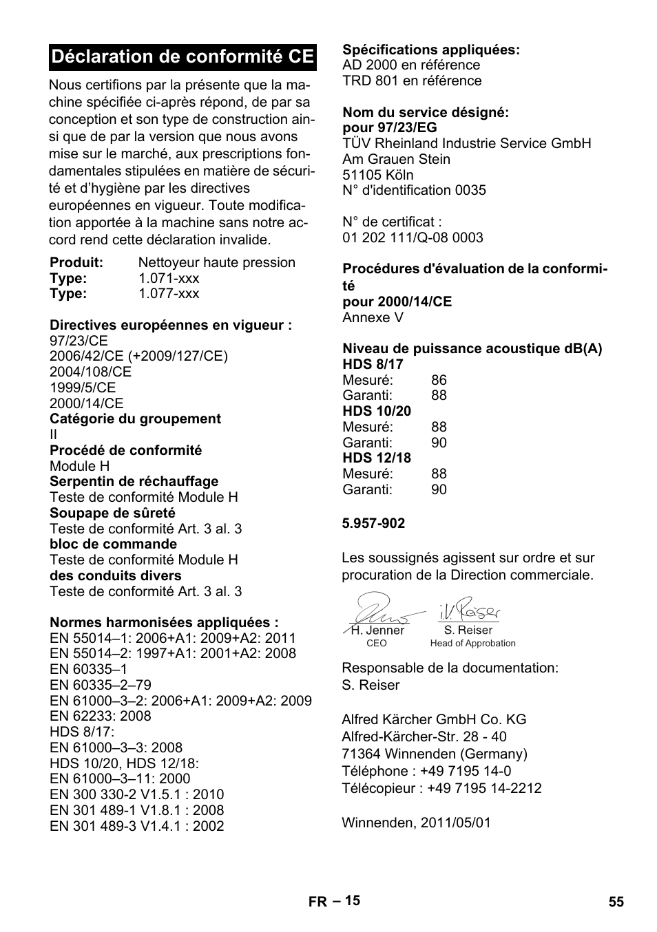 Déclaration de conformité ce | Karcher HDS 10-20 -4M CLASSIC EU-I User Manual | Page 55 / 480