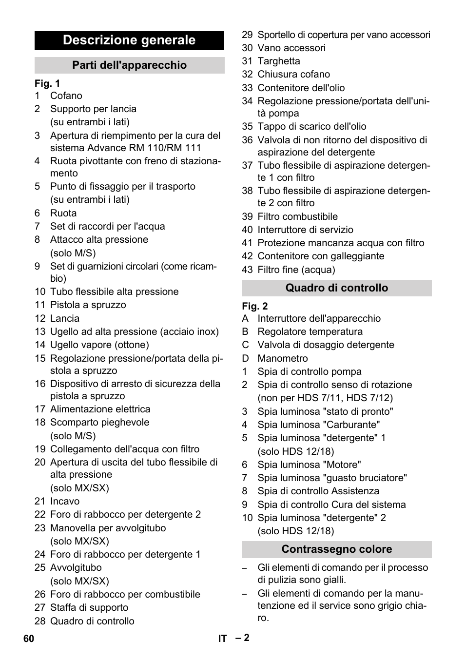 Descrizione generale, Parti dell'apparecchio, Quadro di controllo | Contrassegno colore | Karcher HDS 10-20 -4M CLASSIC EU-I User Manual | Page 60 / 480