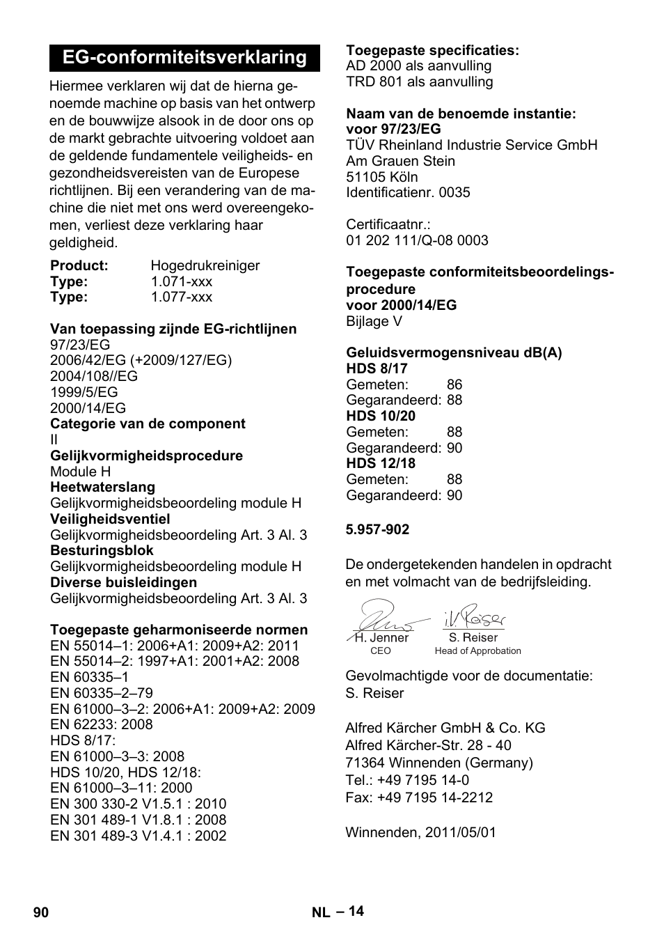 Eg-conformiteitsverklaring | Karcher HDS 10-20 -4M CLASSIC EU-I User Manual | Page 90 / 480