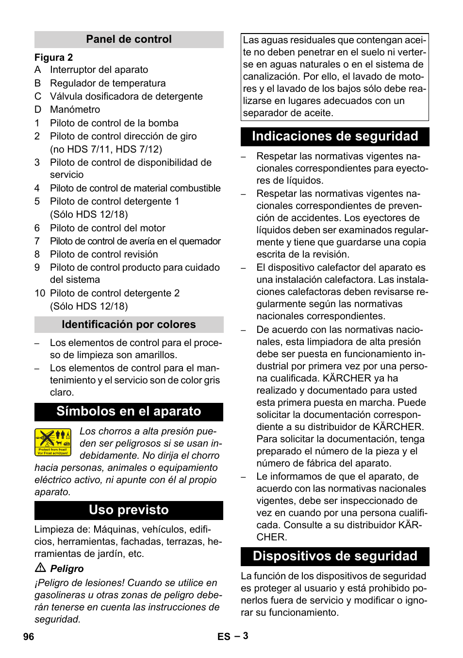 Panel de control, Identificación por colores, Símbolos en el aparato | Uso previsto, Indicaciones de seguridad, Dispositivos de seguridad, Símbolos en el aparato uso previsto | Karcher HDS 10-20 -4M CLASSIC EU-I User Manual | Page 96 / 480