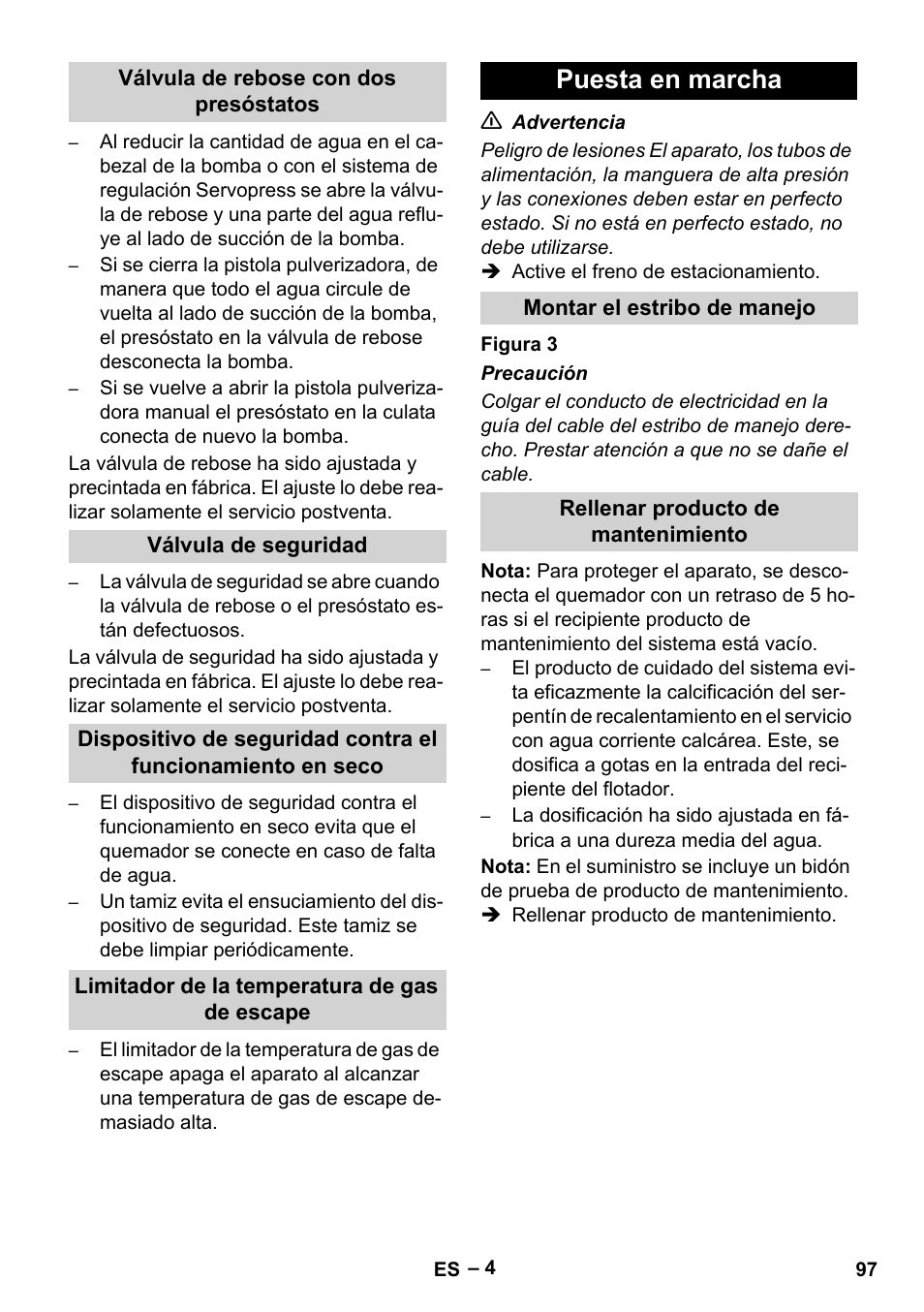 Válvula de rebose con dos presóstatos, Válvula de seguridad, Limitador de la temperatura de gas de escape | Puesta en marcha, Montar el estribo de manejo, Rellenar producto de mantenimiento | Karcher HDS 10-20 -4M CLASSIC EU-I User Manual | Page 97 / 480