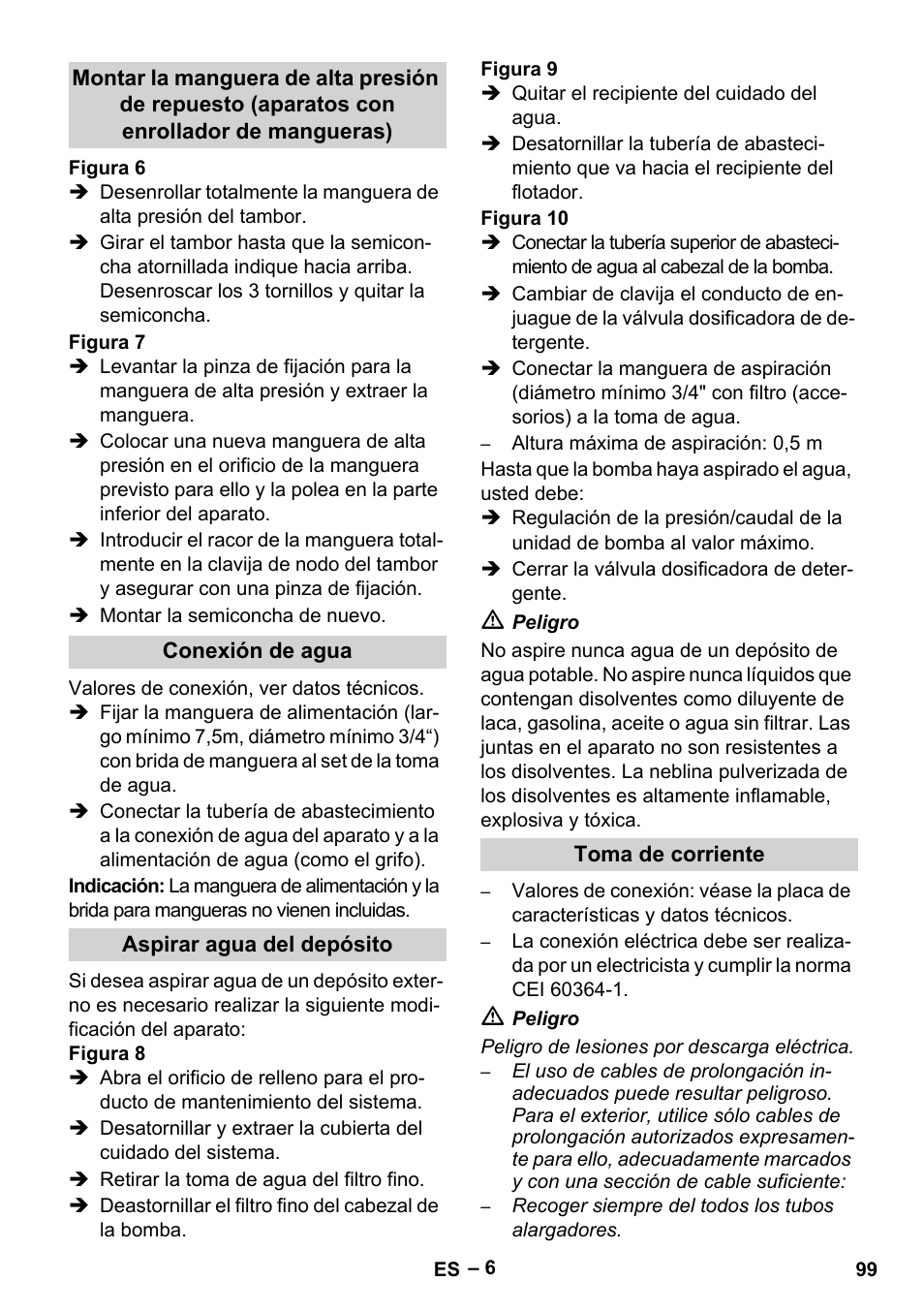 Conexión de agua, Aspirar agua del depósito, Toma de corriente | Karcher HDS 10-20 -4M CLASSIC EU-I User Manual | Page 99 / 480