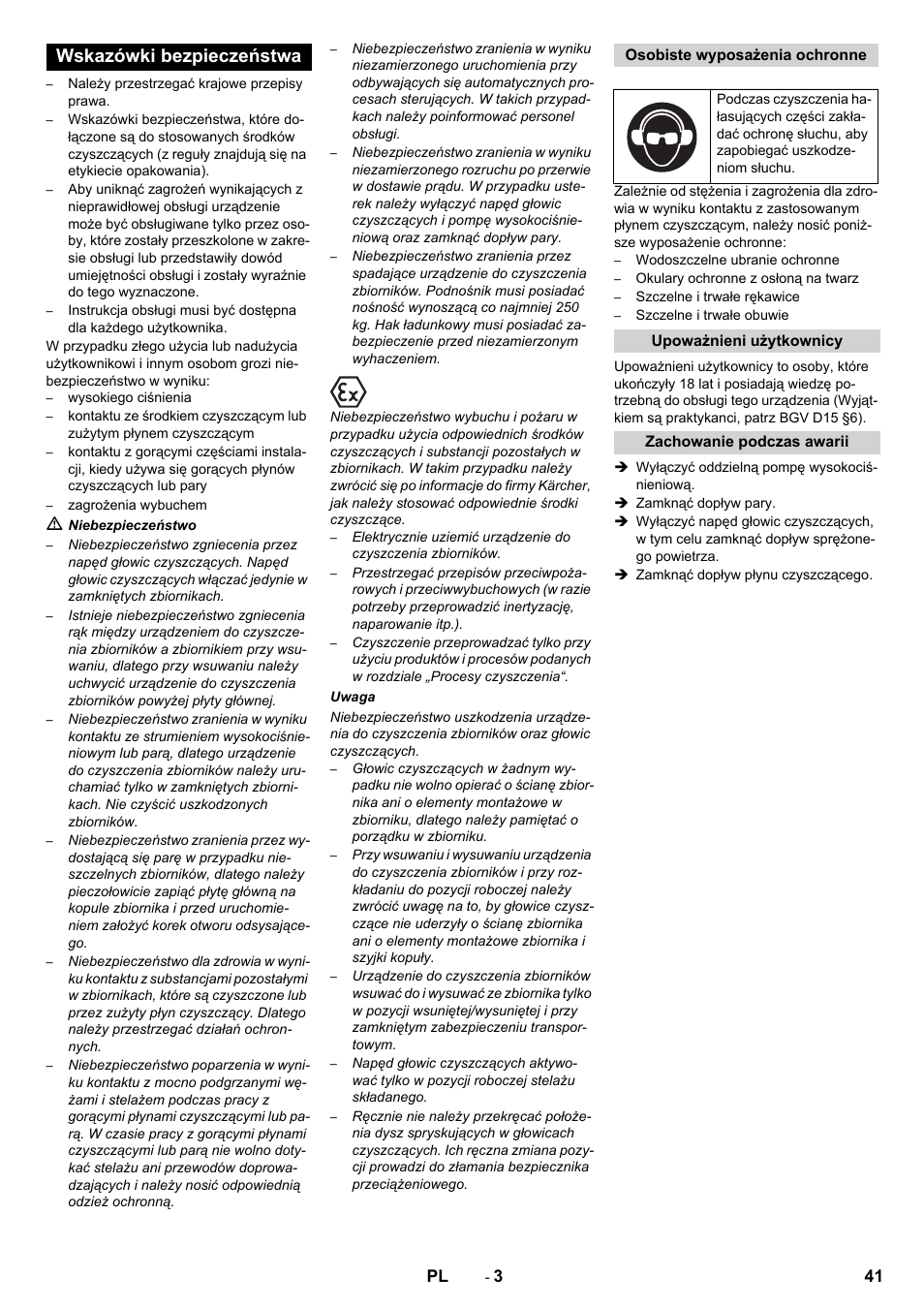 Wskazówki bezpieczeństwa | Karcher HKF 200 K2 User Manual | Page 41 / 60