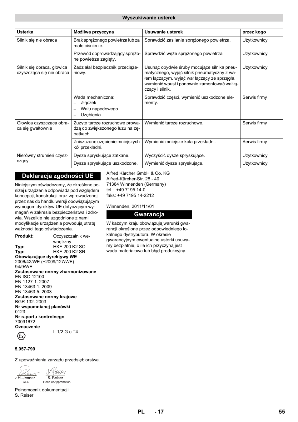 Deklaracja zgodności ue, Gwarancja | Karcher HKF 200 K2 User Manual | Page 55 / 60