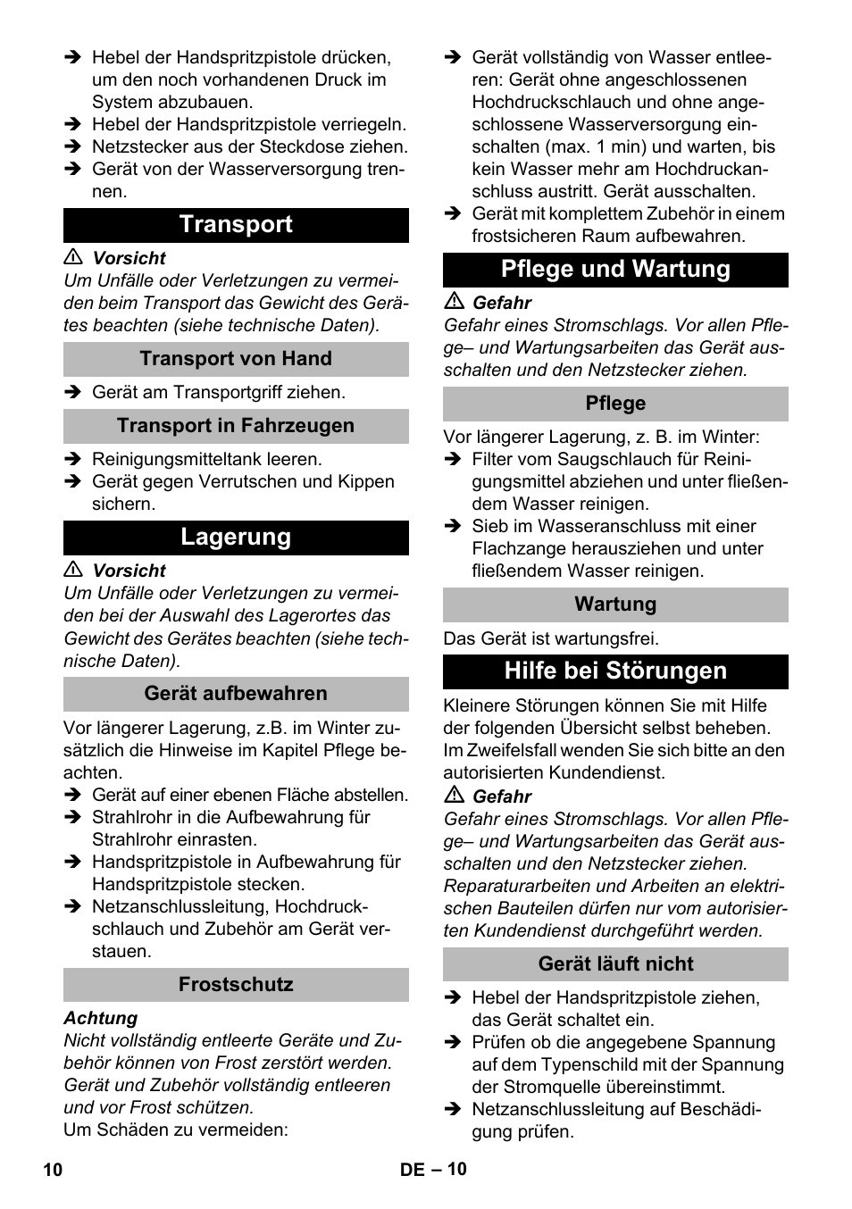 Transport, Transport von hand, Transport in fahrzeugen | Lagerung, Gerät aufbewahren, Frostschutz, Pflege und wartung, Pflege, Wartung, Hilfe bei störungen | Karcher K 2 Premium User Manual | Page 10 / 248