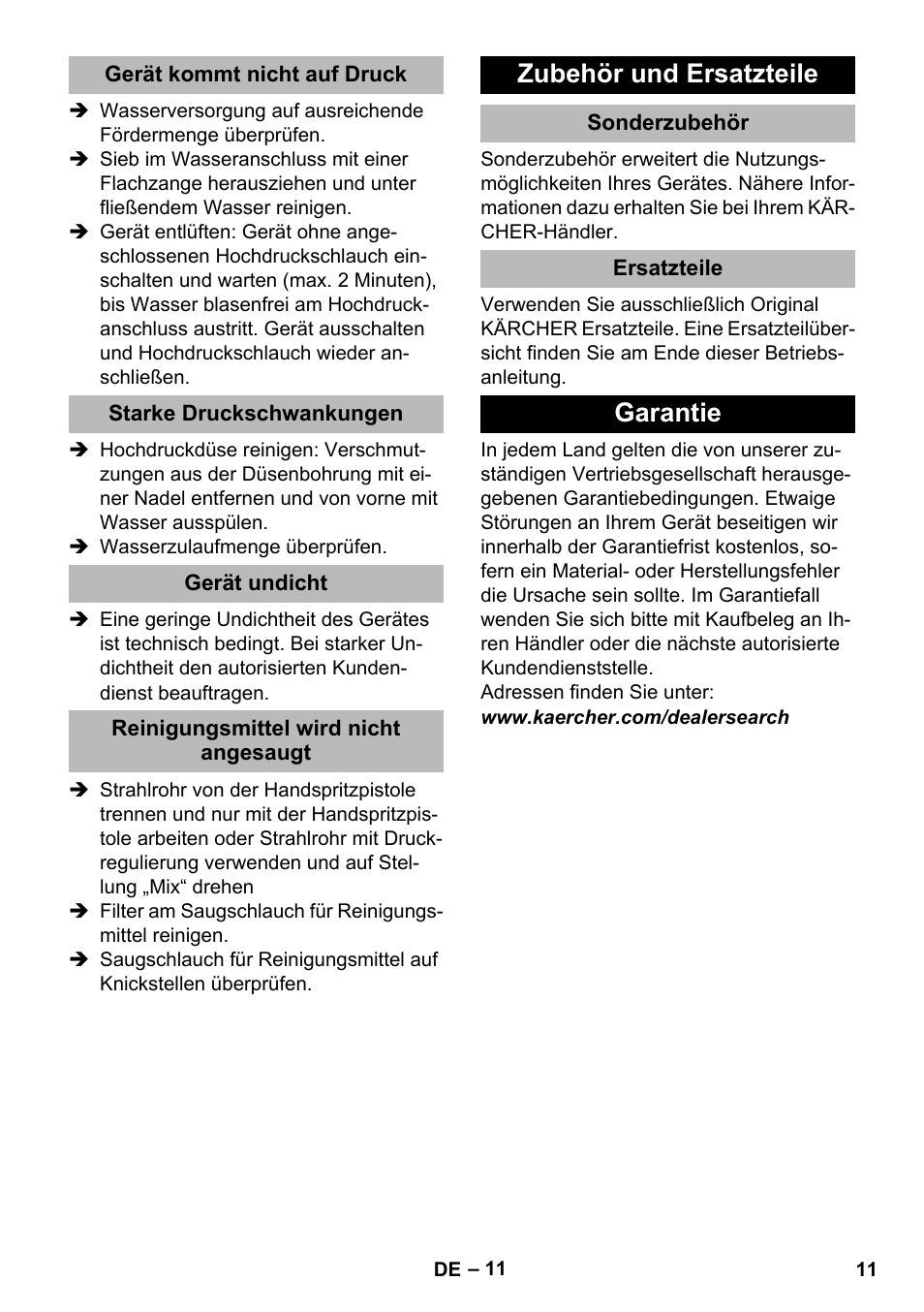 Gerät kommt nicht auf druck, Starke druckschwankungen, Gerät undicht | Reinigungsmittel wird nicht angesaugt, Zubehör und ersatzteile, Sonderzubehör, Ersatzteile, Garantie | Karcher K 2 Premium User Manual | Page 11 / 248