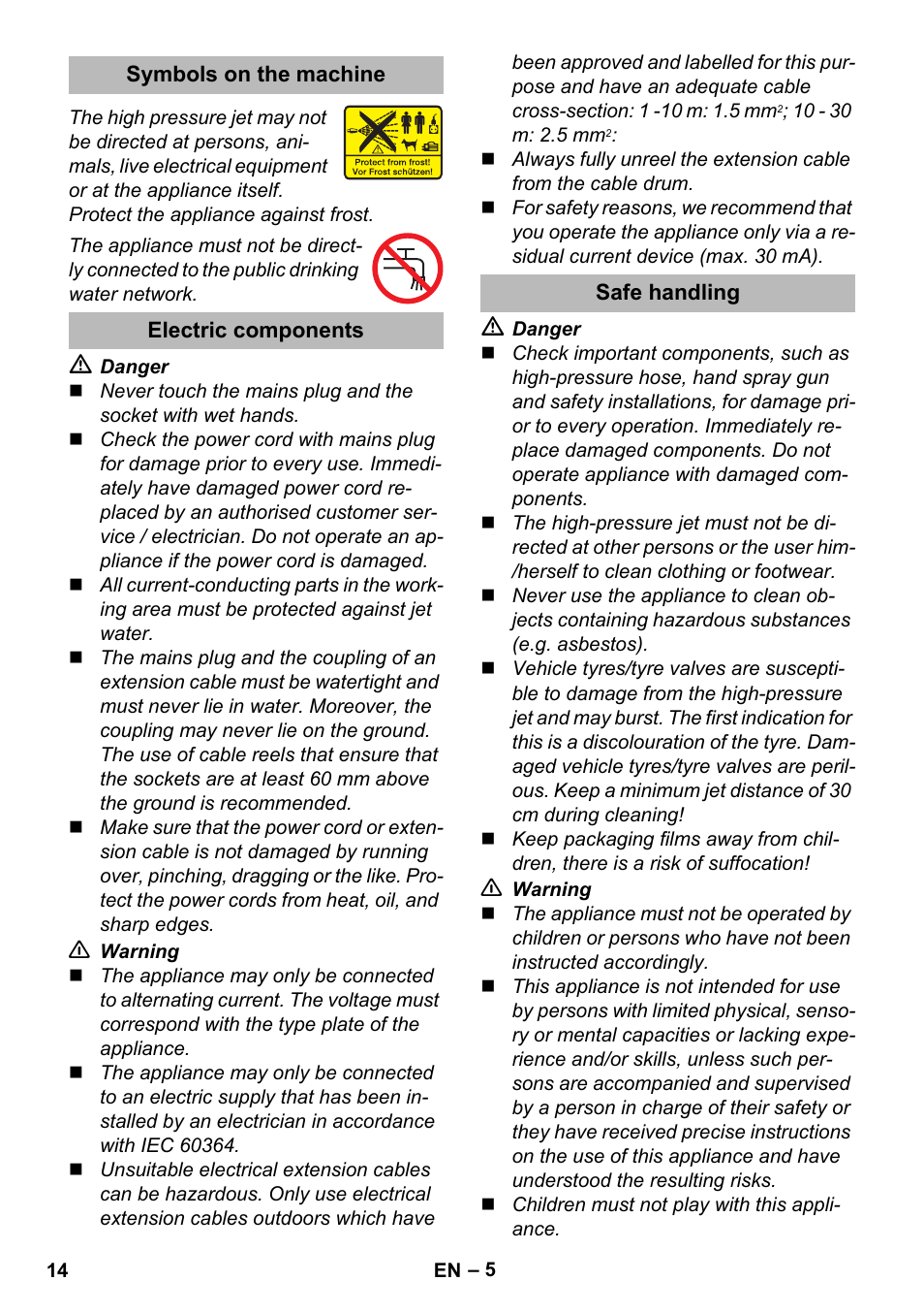 Symbols on the machine, Electric components, Safe handling | Karcher K 2 Premium User Manual | Page 14 / 248