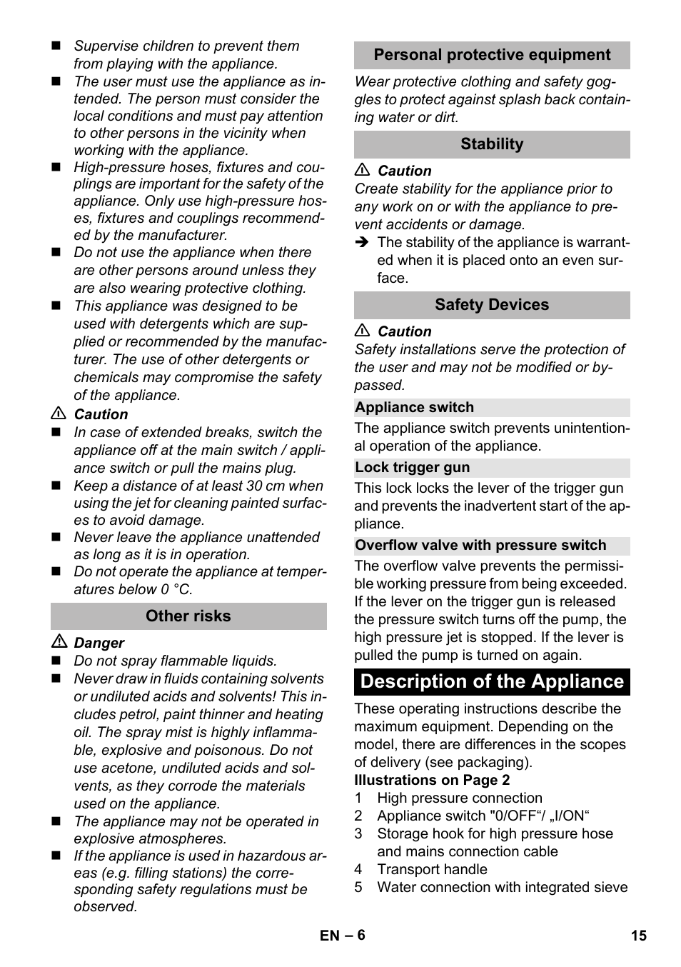 Other risks, Personal protective equipment, Stability | Safety devices, Appliance switch, Lock trigger gun, Overflow valve with pressure switch, Description of the appliance | Karcher K 2 Premium User Manual | Page 15 / 248