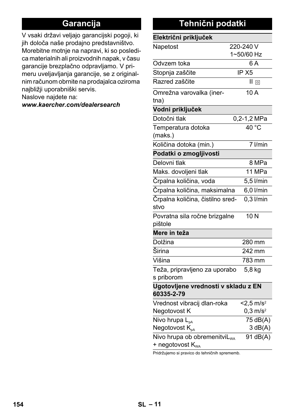 Garancija, Tehnični podatki, Garancija tehnični podatki | Karcher K 2 Premium User Manual | Page 154 / 248