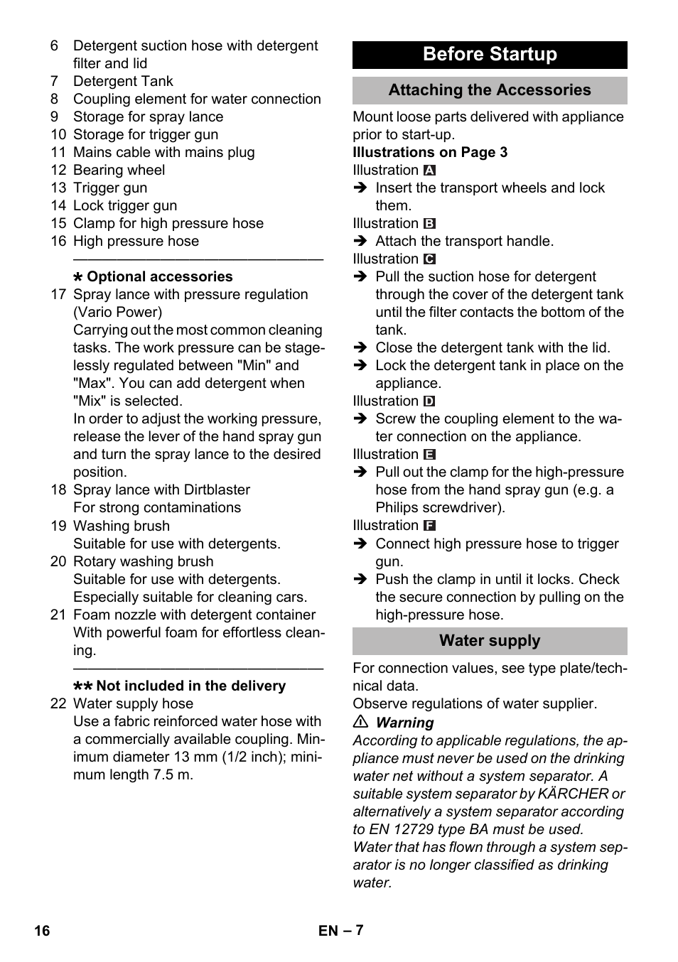 Before startup, Attaching the accessories, Water supply | Karcher K 2 Premium User Manual | Page 16 / 248